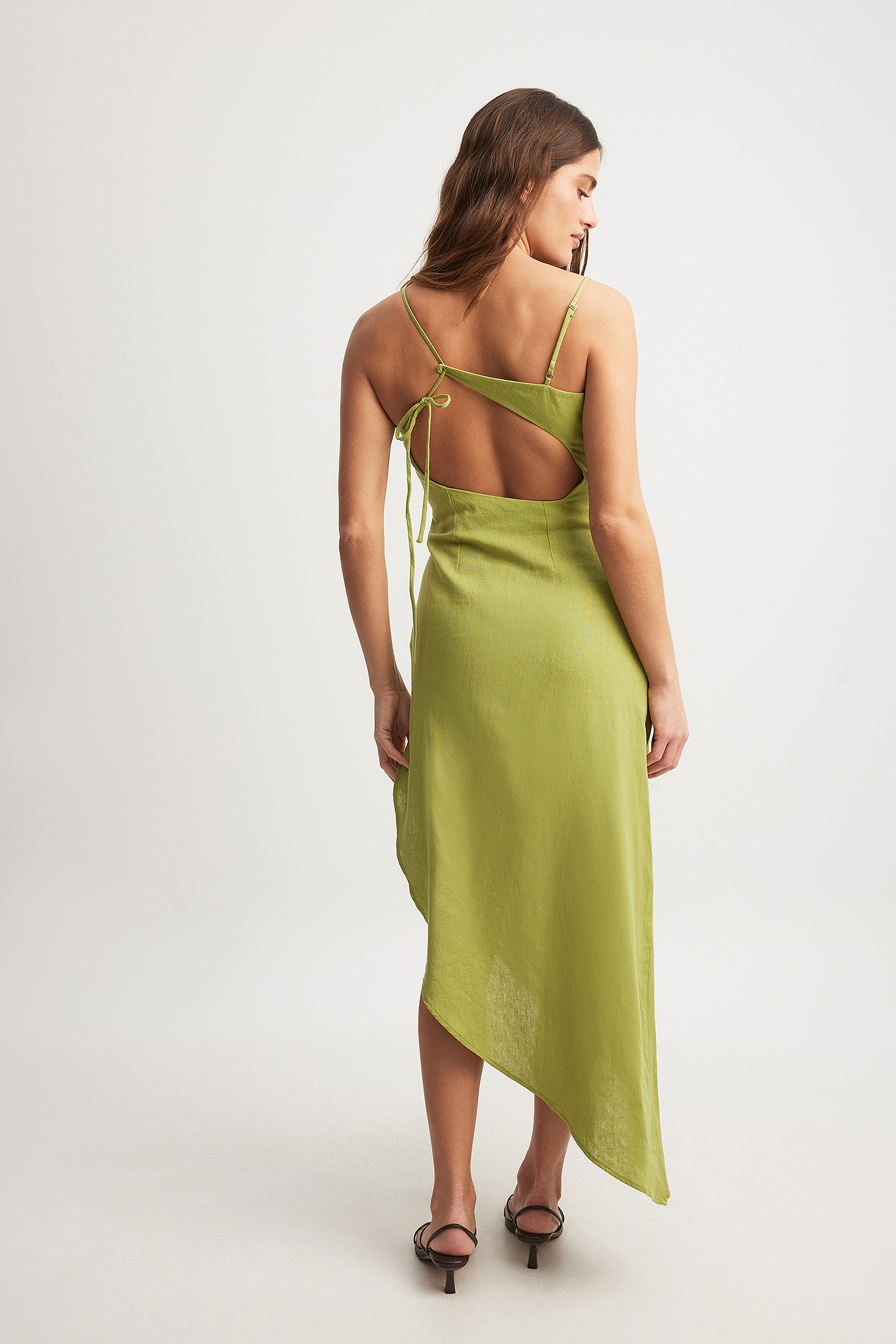 Linen Blend Asymmetric Open Back Midi Dress Green | NA-KD Linen Blend Asymmetric Open Back Midi Dress Green | NA-KD