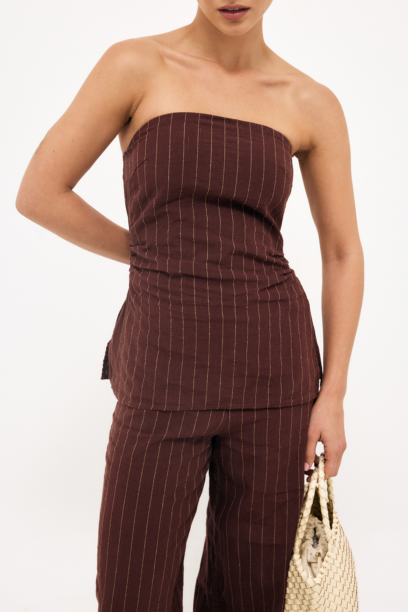 Top palabra de honor de mezcla de lino - Bandeau Tops - Brown/Stripe - EU 32 - NA-KD / NAKD