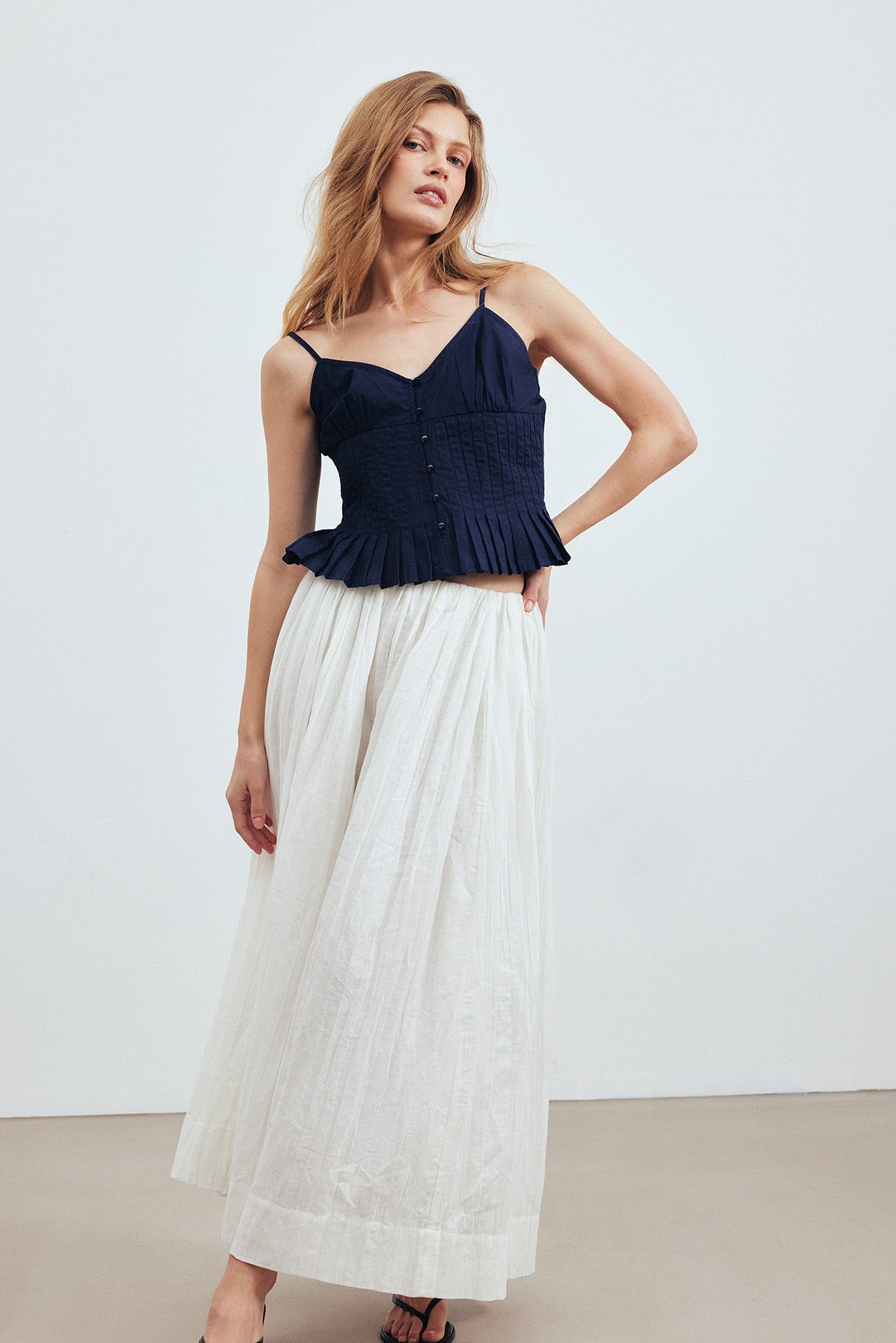 Linen Blend Crinkle Midi Skirt - White