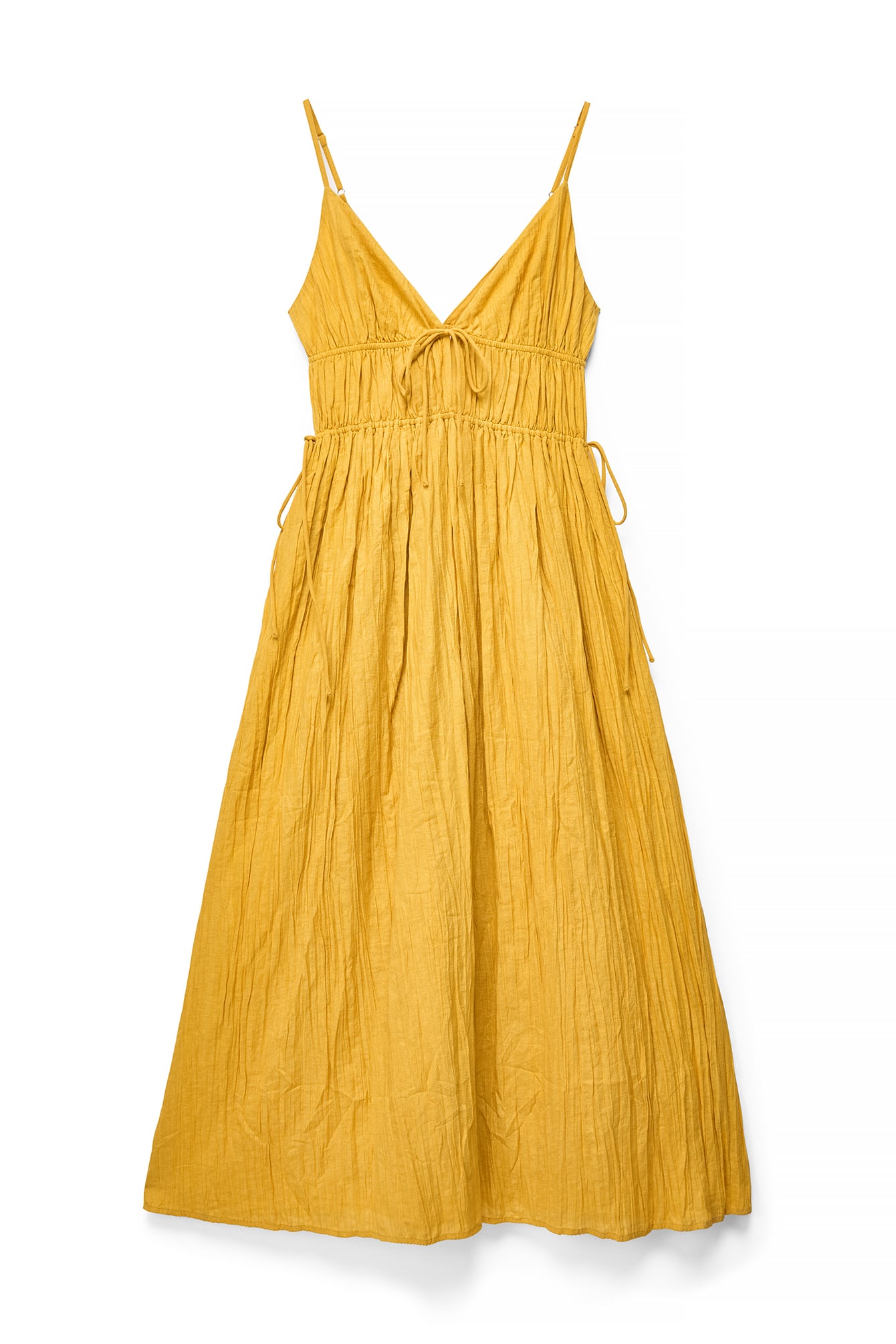 Mustard Linen Blend Crinkle Volume Strap Dress