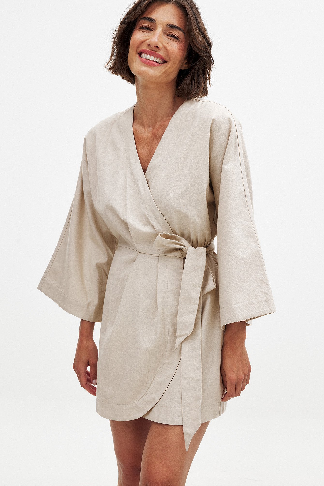 Linen Blend Kaftan Wrap Mini Dress Beige | NA-KD Linen Blend Kaftan Wrap Mini Dress Beige | NA-KD