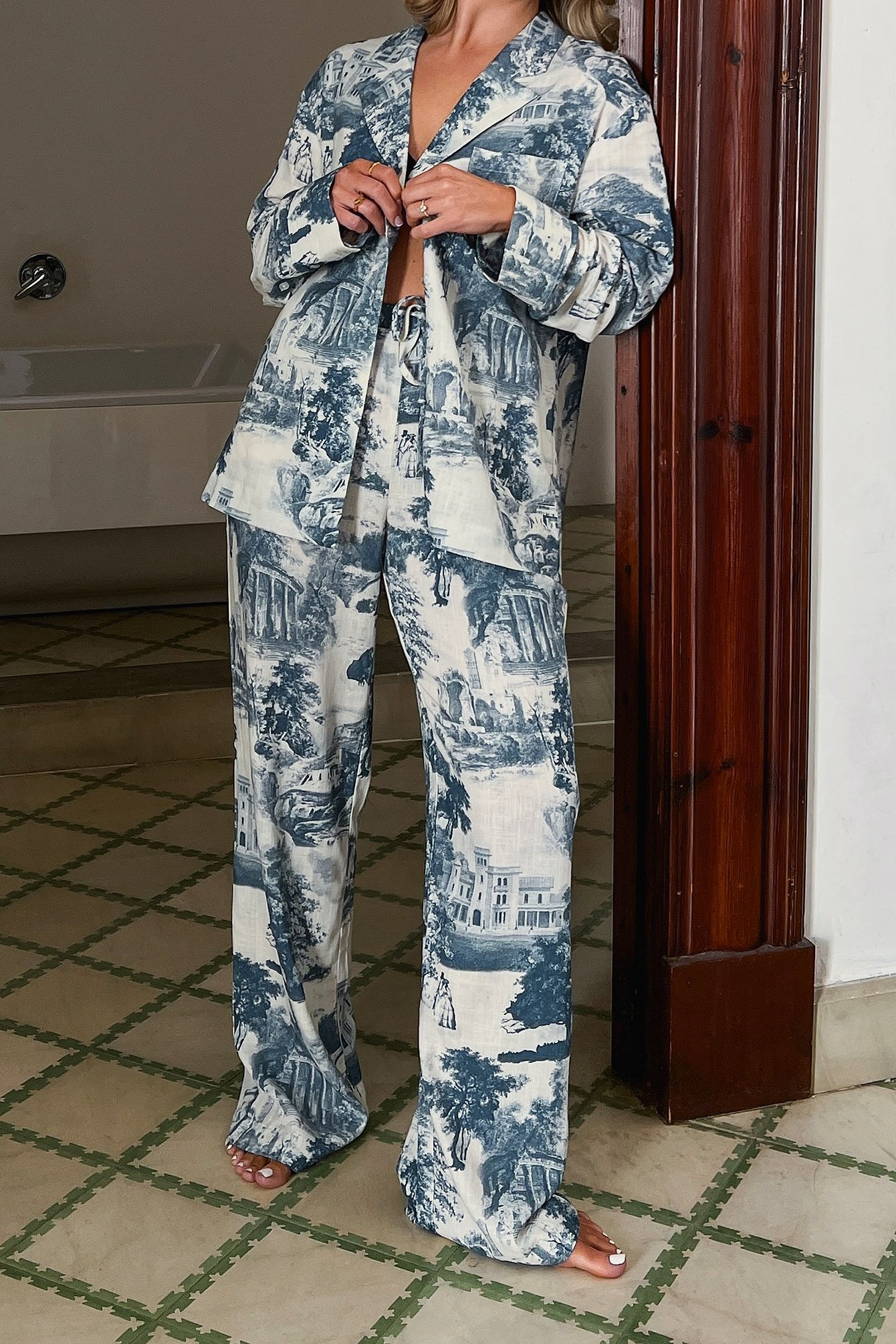 Billede af Chloe Rose x NA-KD Bukser med snoretræk og mellemhøj talje i hørblanding - Blue