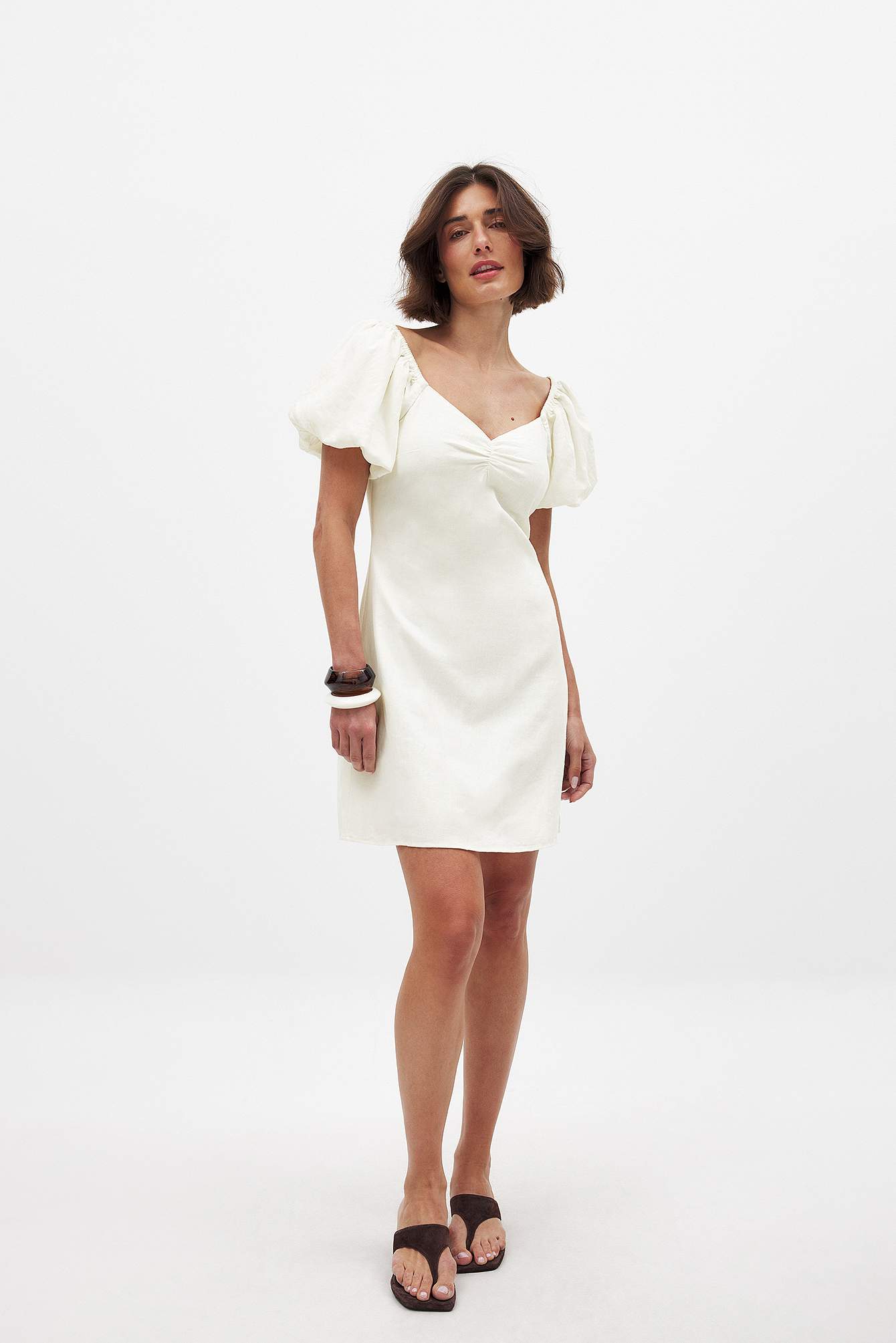 Linen Blend Puff Shoulder Mini Dress Offwhite NA-KD