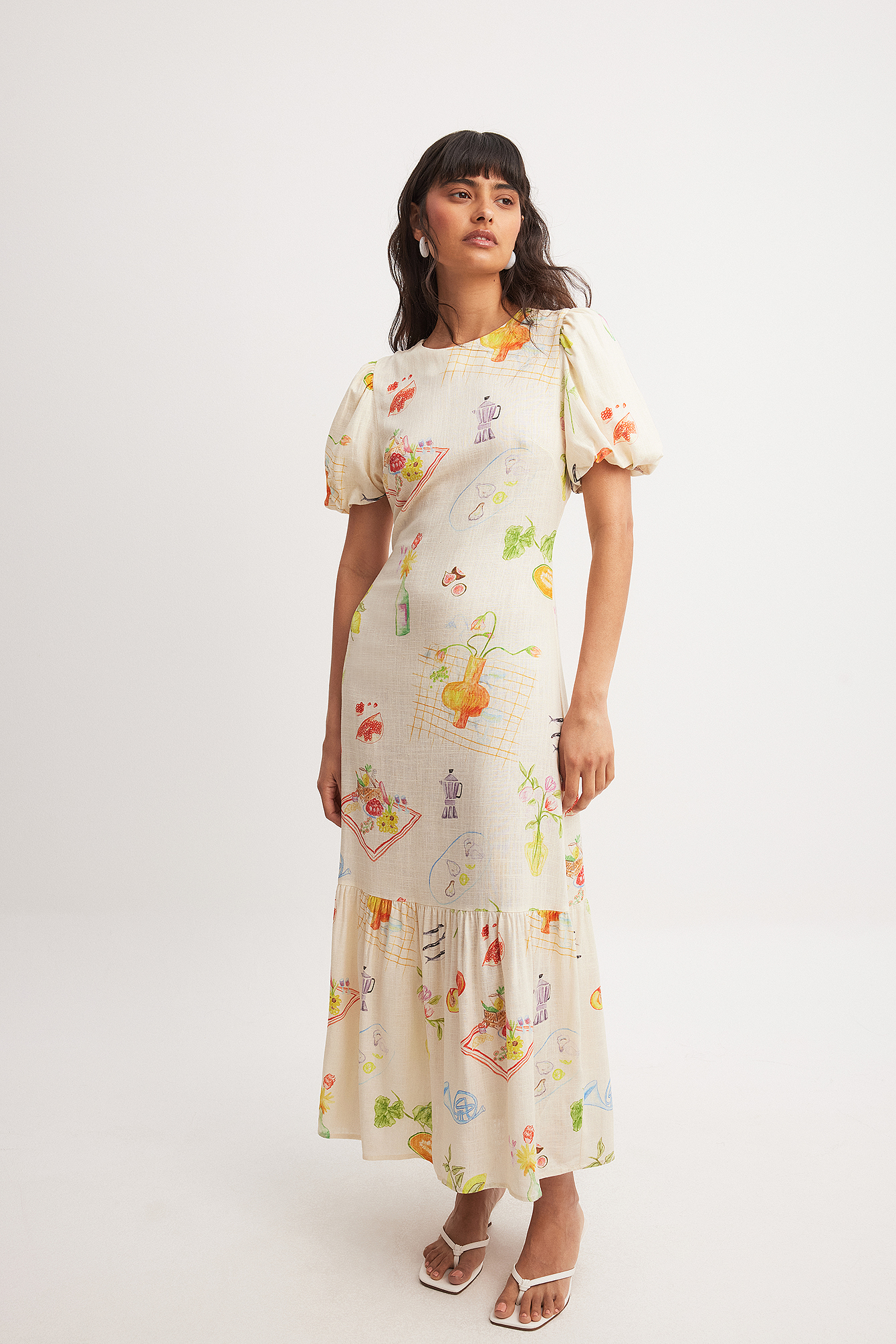 Linen Blend Puffy Sleeve Midi Dress Multicolor | NA-KD Linen Blend Puffy Sleeve Midi Dress Multicolor | NA-KD