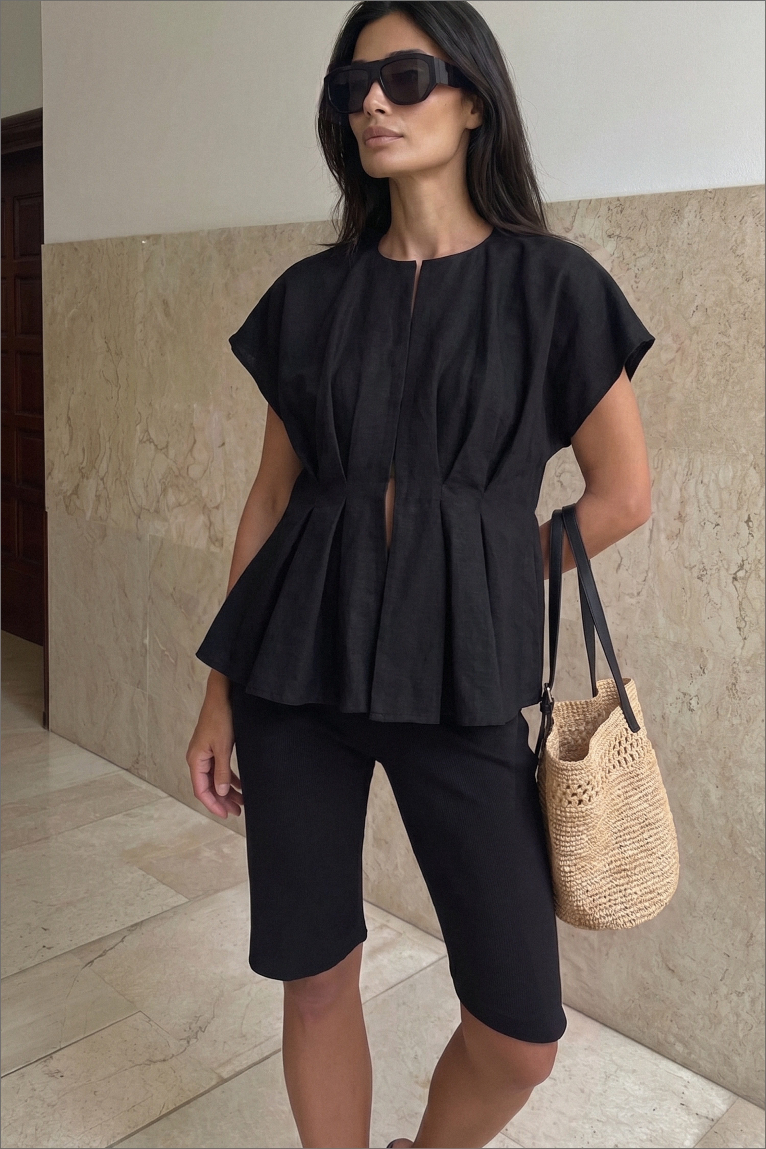 Blusa de manga corta de mezcla de lino - Blusas - Black - EU 32 - NA-KD / NAKD