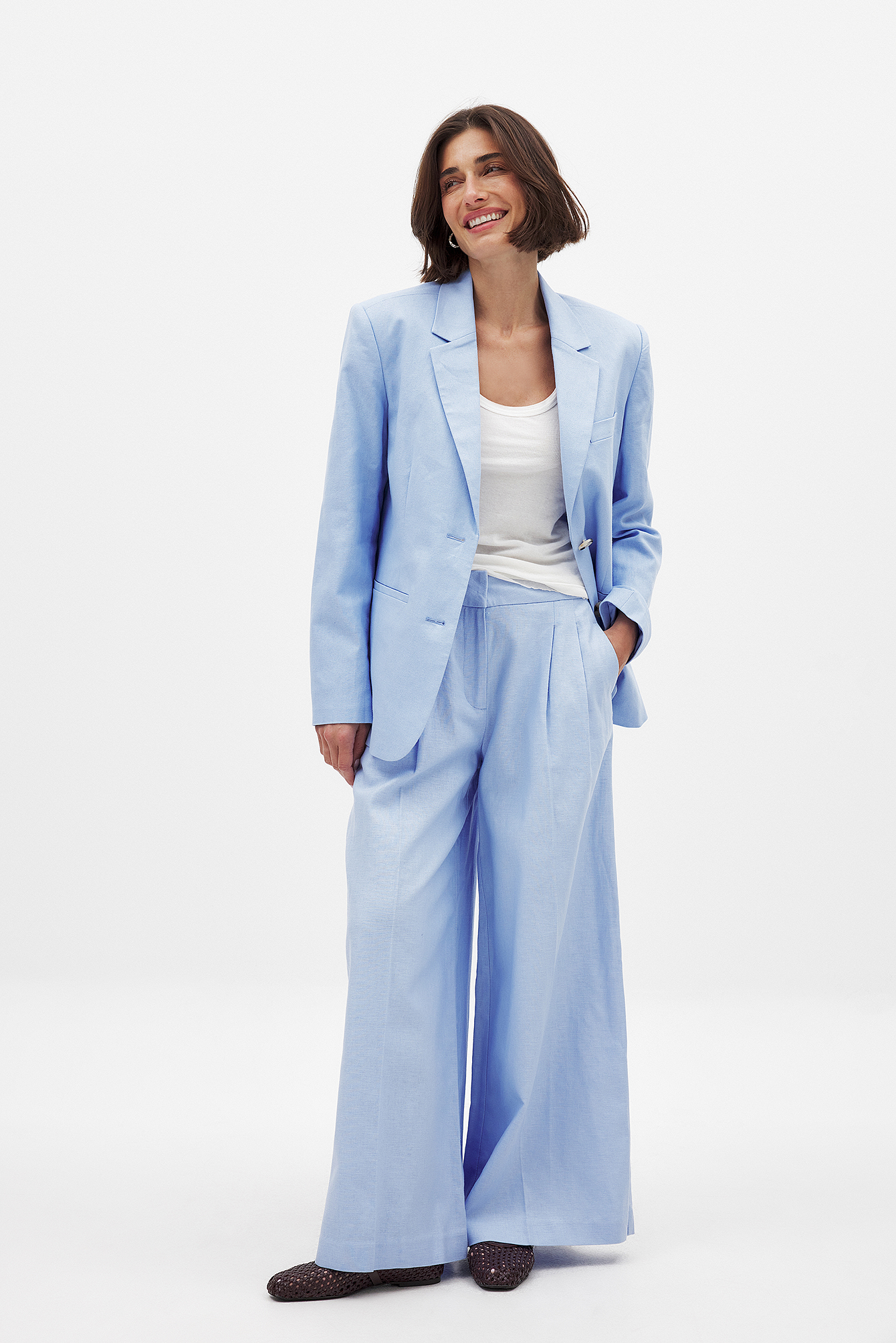 NA-KD Pantalon large en lin mélangé à taille mi-haute - Pantalons en lin - Bleu - EU 44 - NA-KD / NAKD