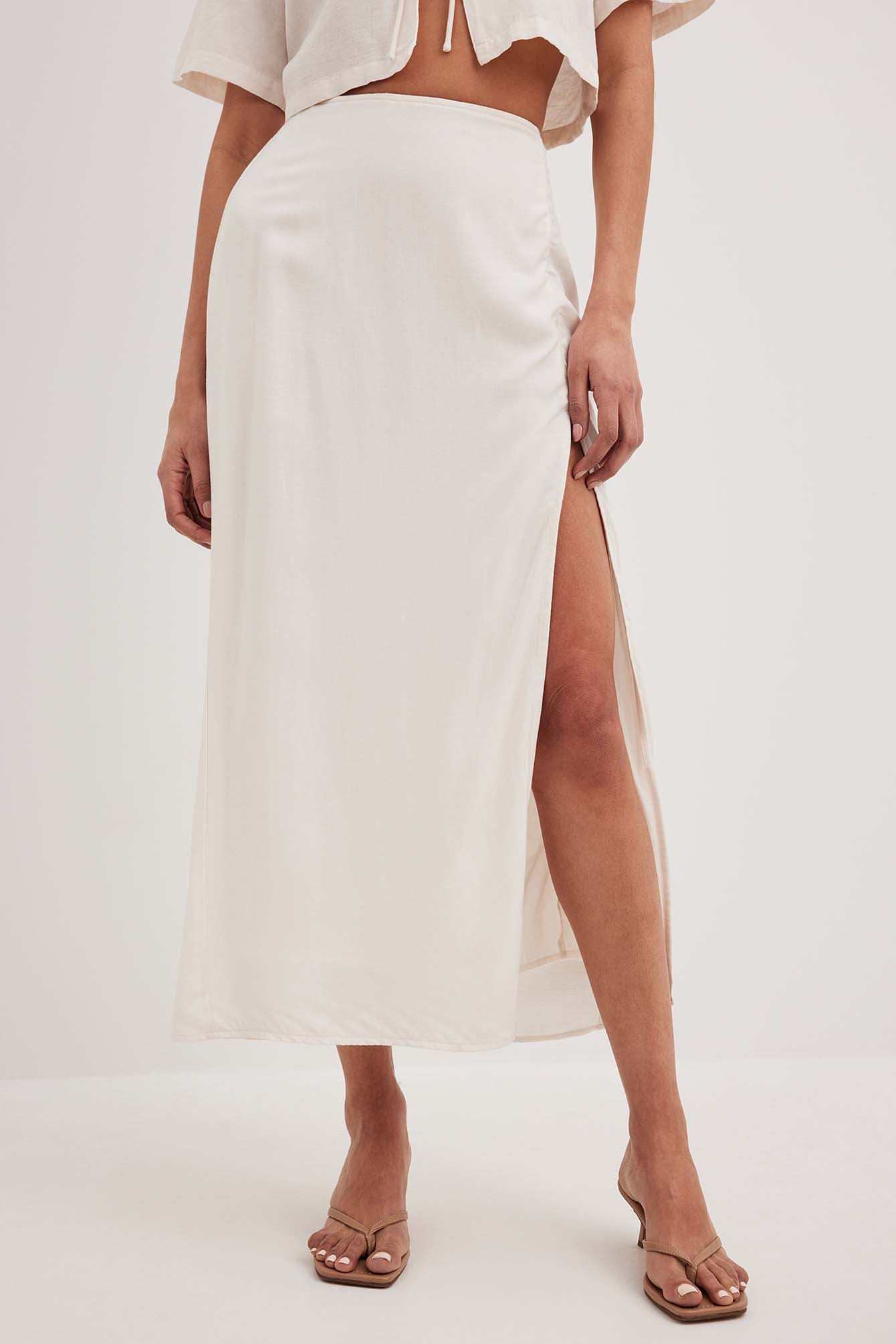 Linen Mix Slit Detail Midi Skirt Offwhite NA-KD