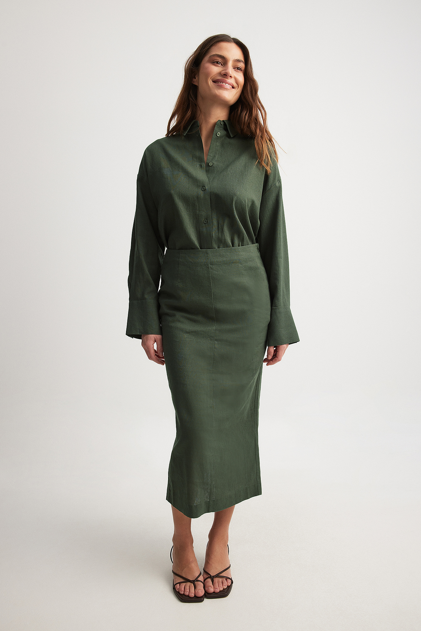 NA-KD Linen Pencil Midi Skirt - Summer Sets - Green - EU 36 - NA-KD / NAKD