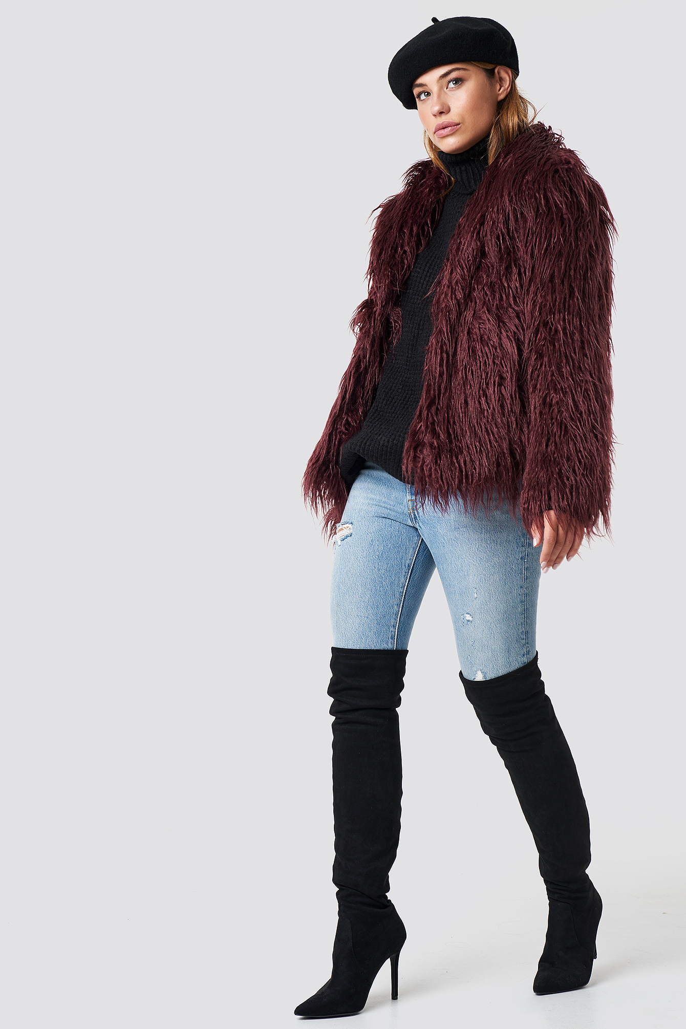 Fluffy Faux Fur Jacket Burgundy