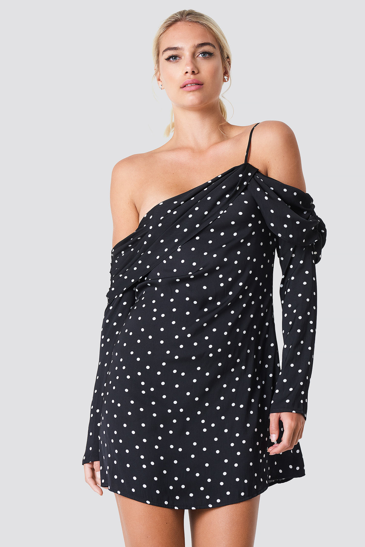 One Shoulder Strap Dress Black/White dots