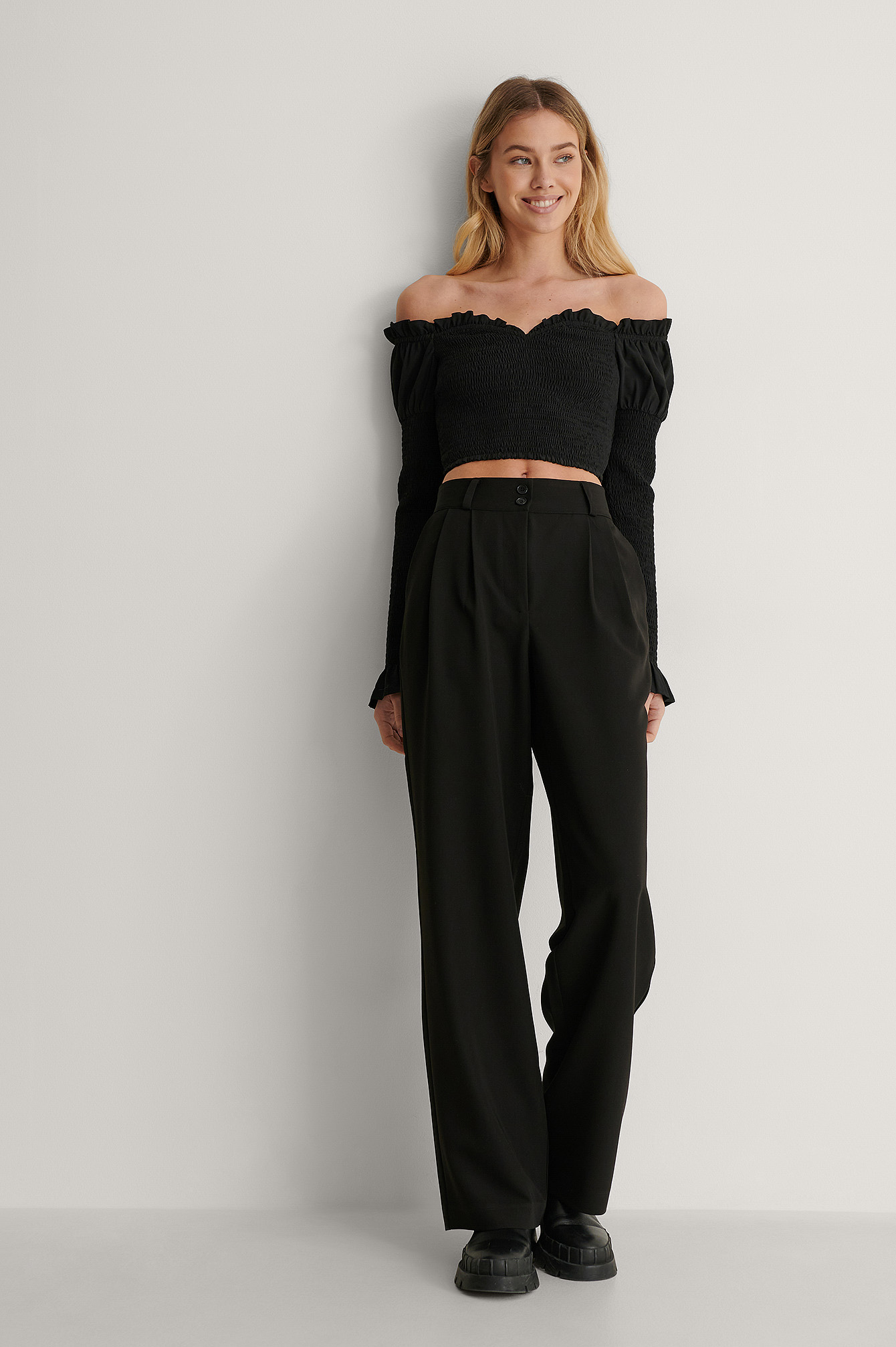 Wide Waistband Pleat Pants Black | na 