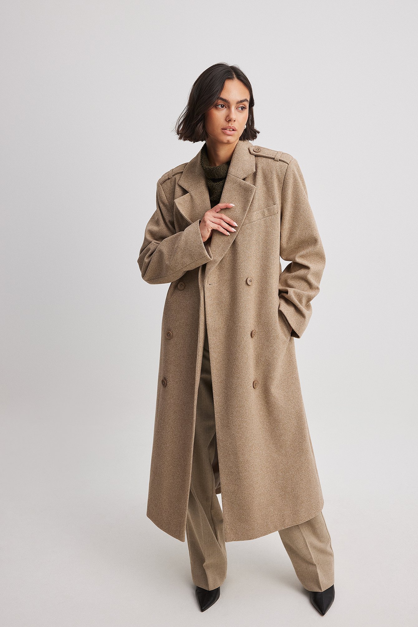 Brown Trench Trenchcoat Na Kd Na-kd Long Herringbone Trenchcoat In