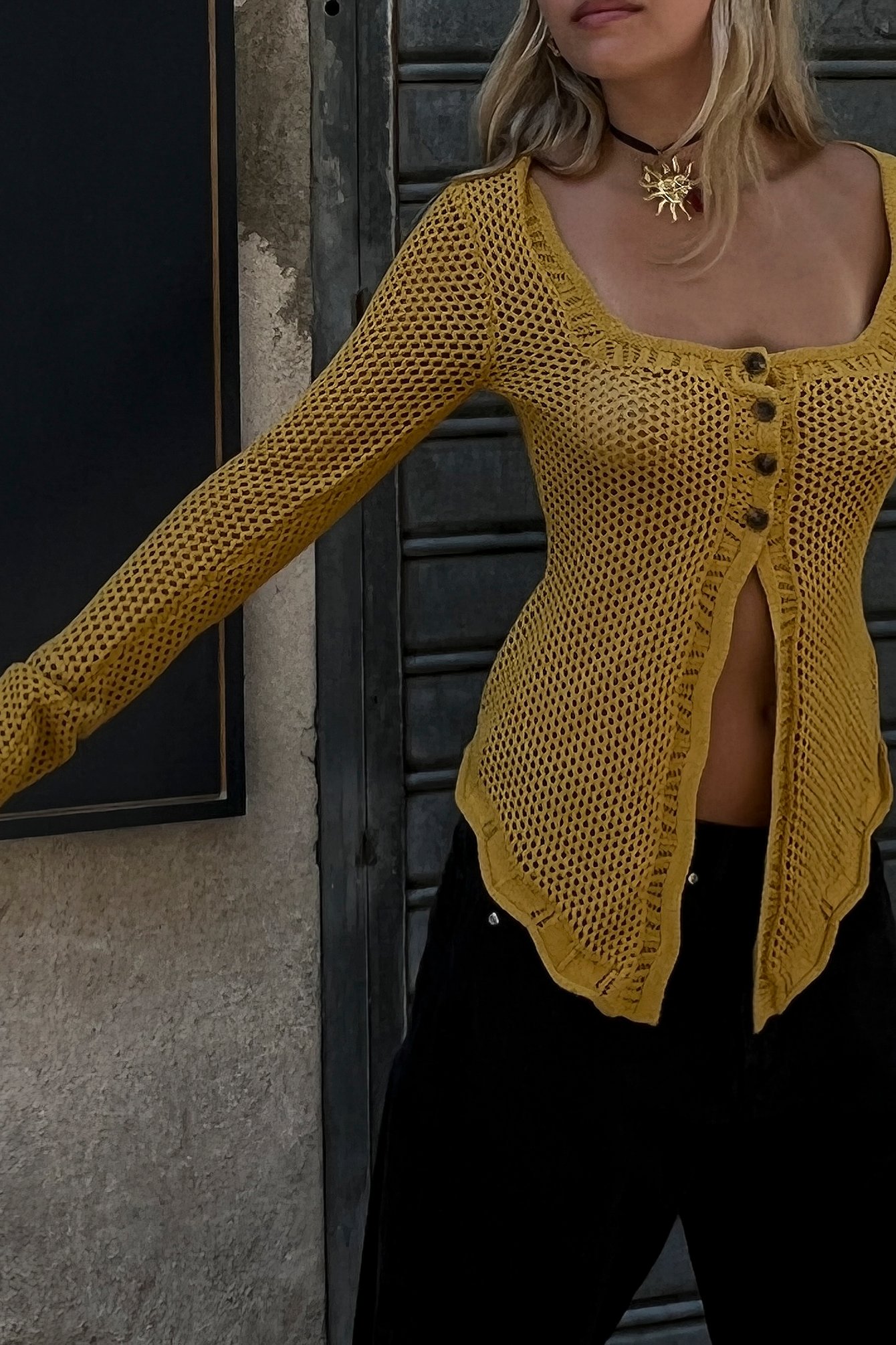 Mustard Long Sleeve Crochet Cardigan