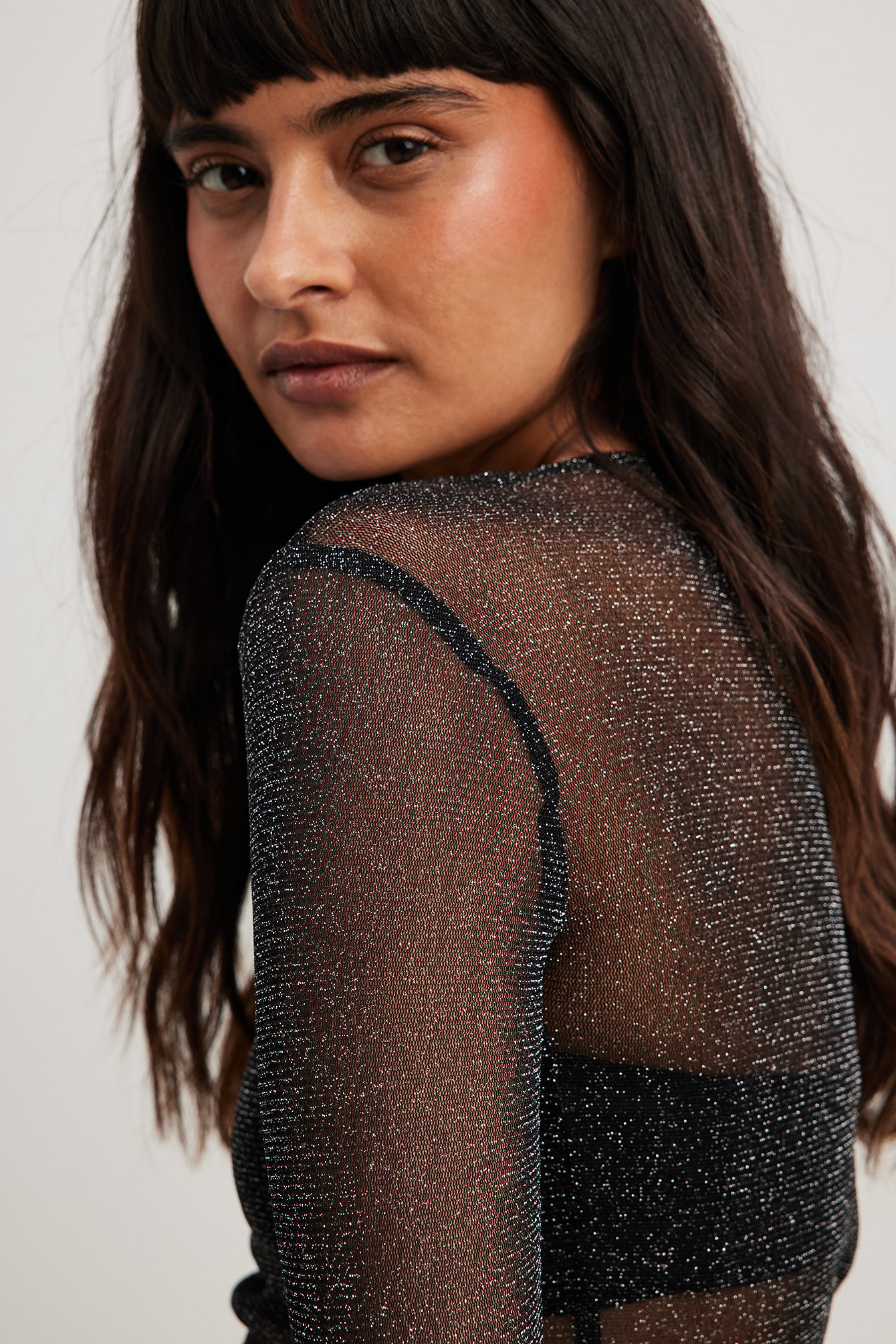 Long Sleeve Glitter Mesh Top Black NA-KD