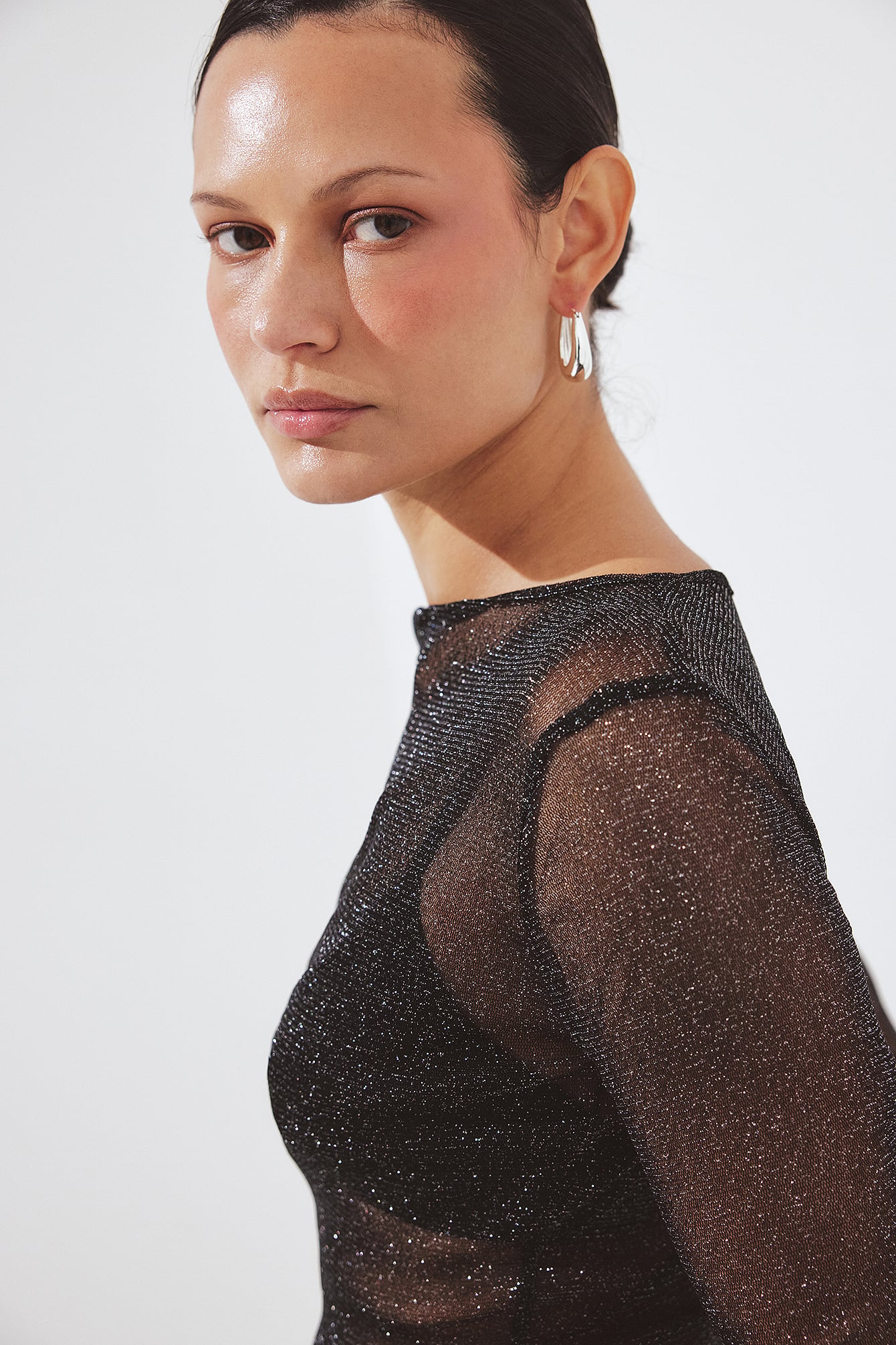 Long Sleeve Glitter Mesh Top - Party Tops - Black - M