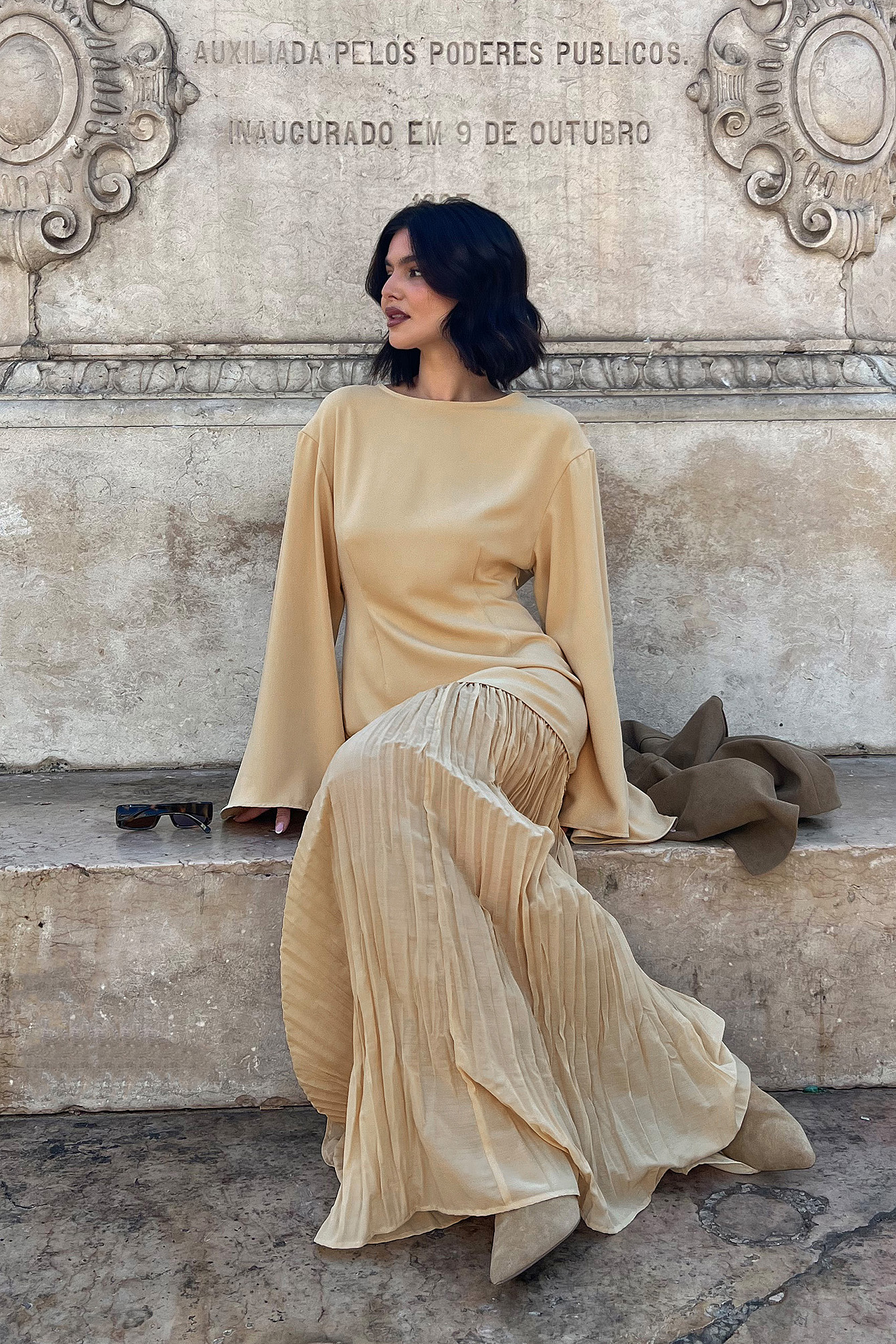 Shpresa x NA-KD Long Sleeve Plisse Skirt Maxi Dress - Long Sleeve Maxi Dresses - Yellow - EU 34 - NA-KD / NAKD