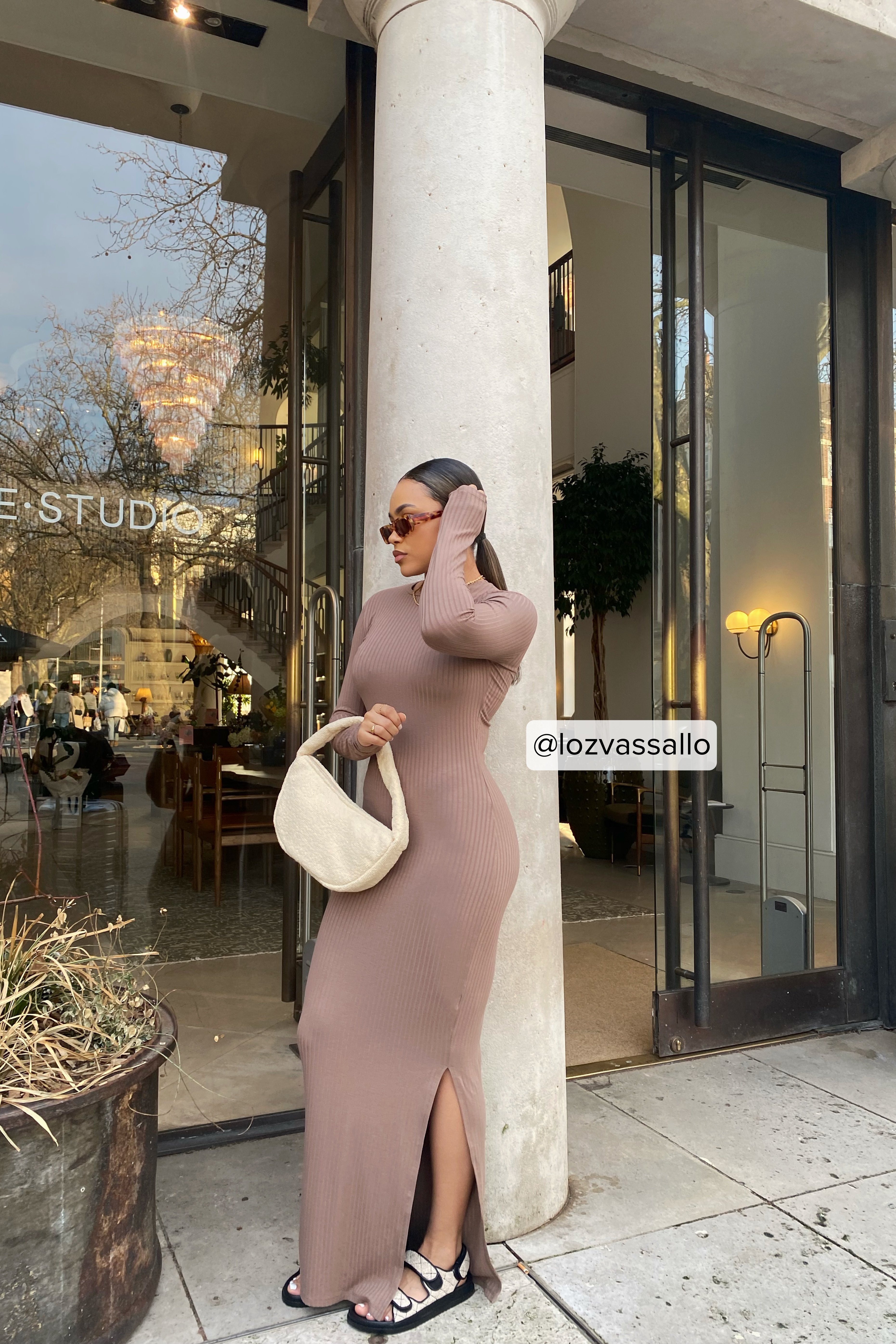 Taupe Recycled Long Sleeve Ribbed Maxi Dress