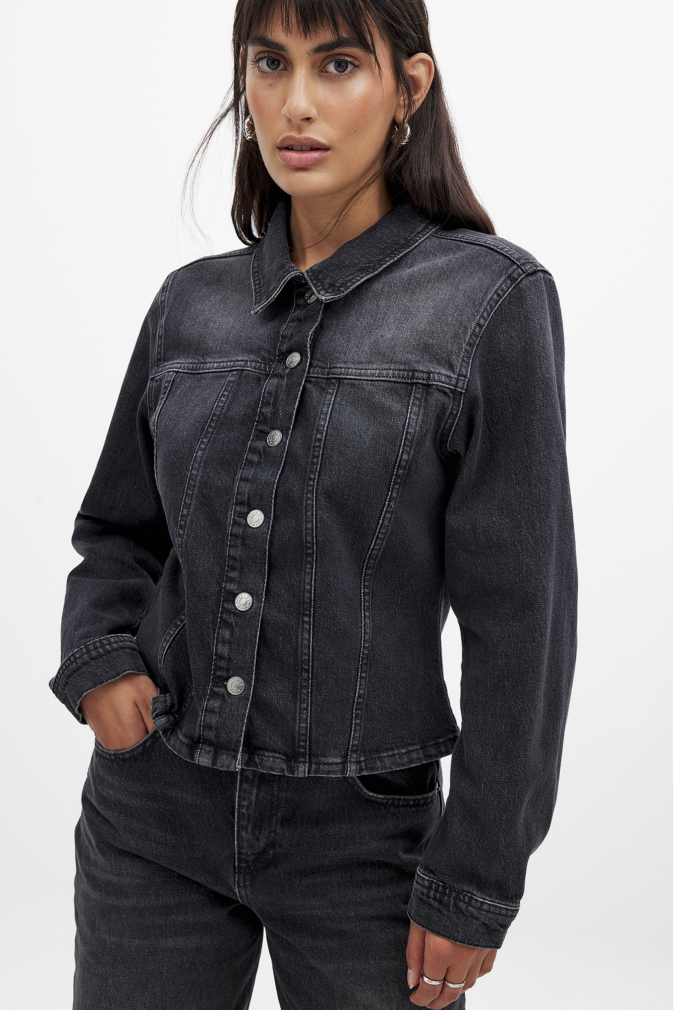 Veste Jean Brodée Femme Col Poupee Volants - Oversize Décontractée Jacquard Floral Manches Longues Boutons Devant