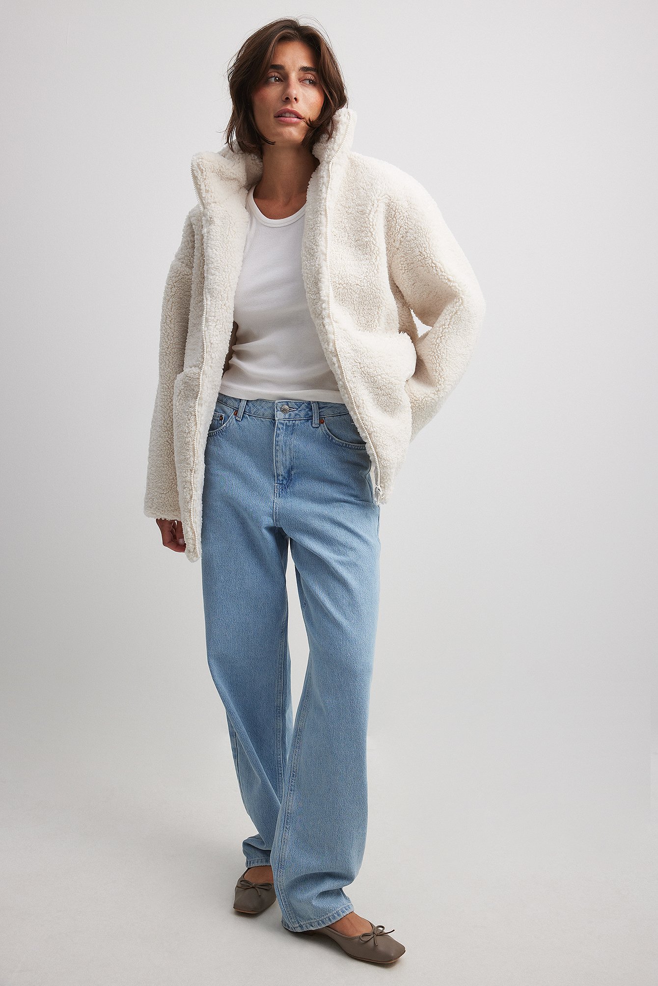 Long Zipped Teddy Jacket Offwhite NA-KD