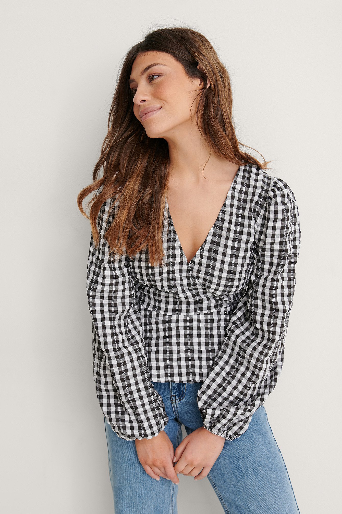 Black Check Checked Overlapped Blouse