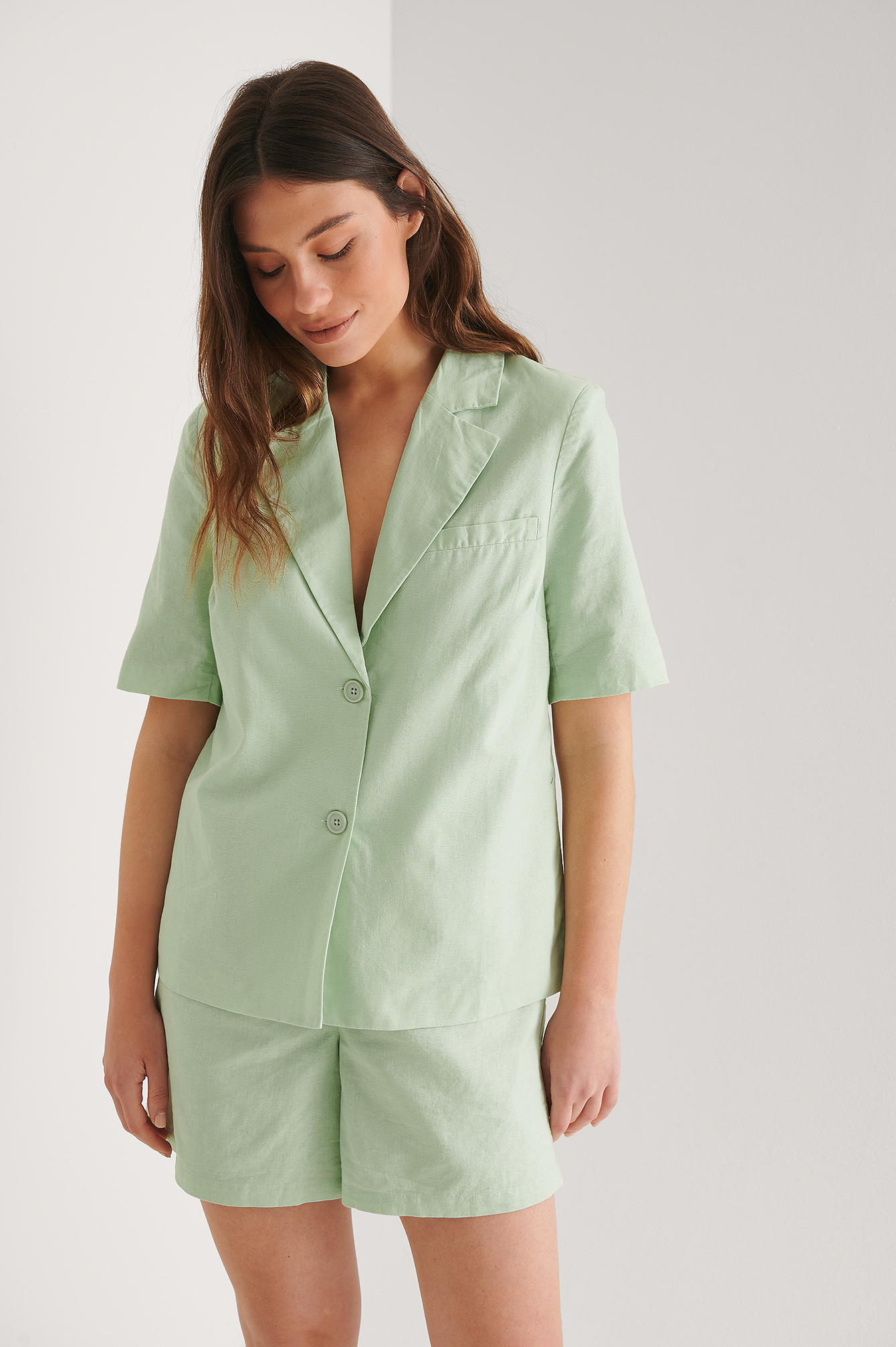 Short Sleeve Linen Blend Blazer Green 