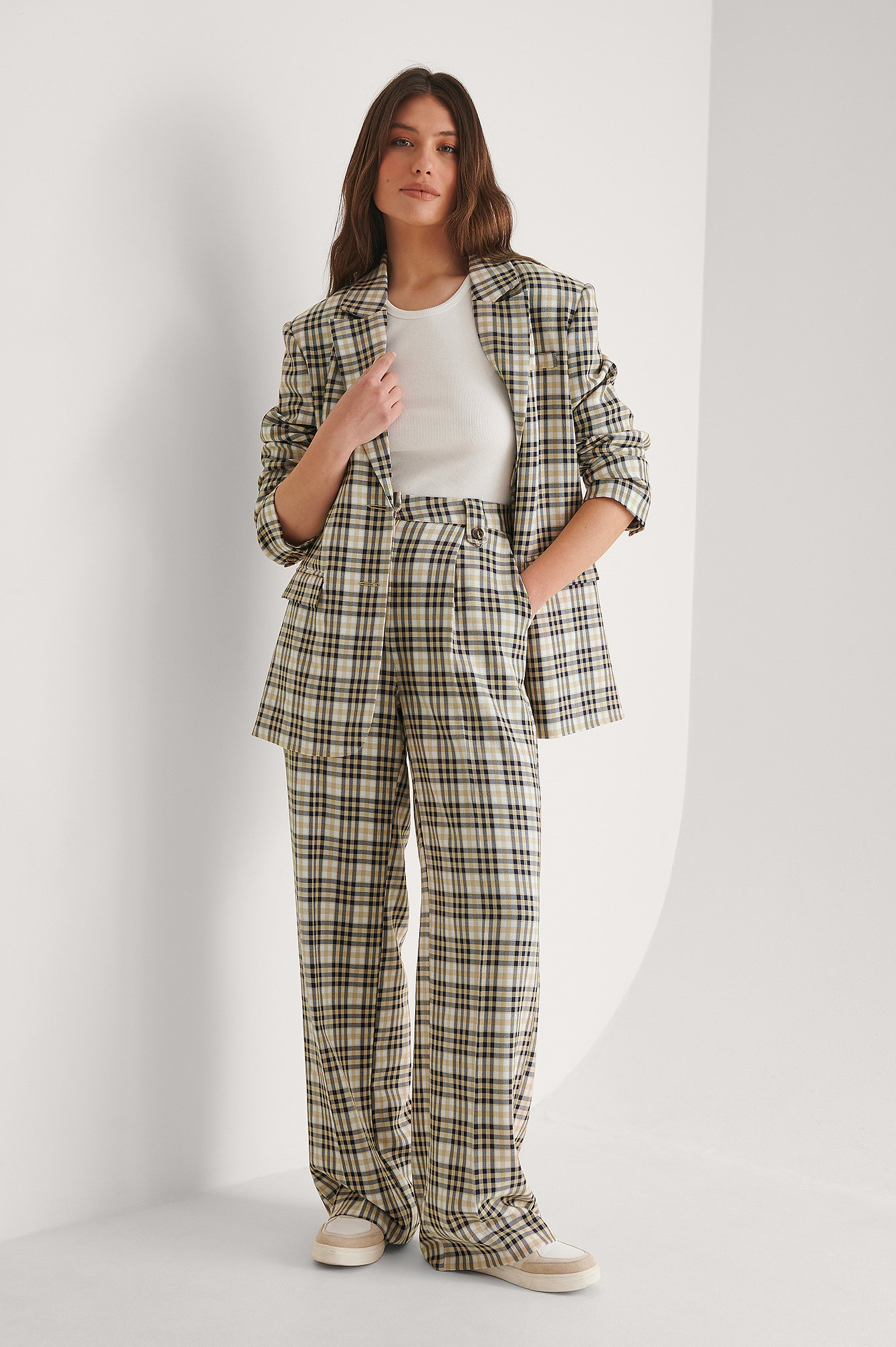 Beige Check Straight Checked Suit Pants
