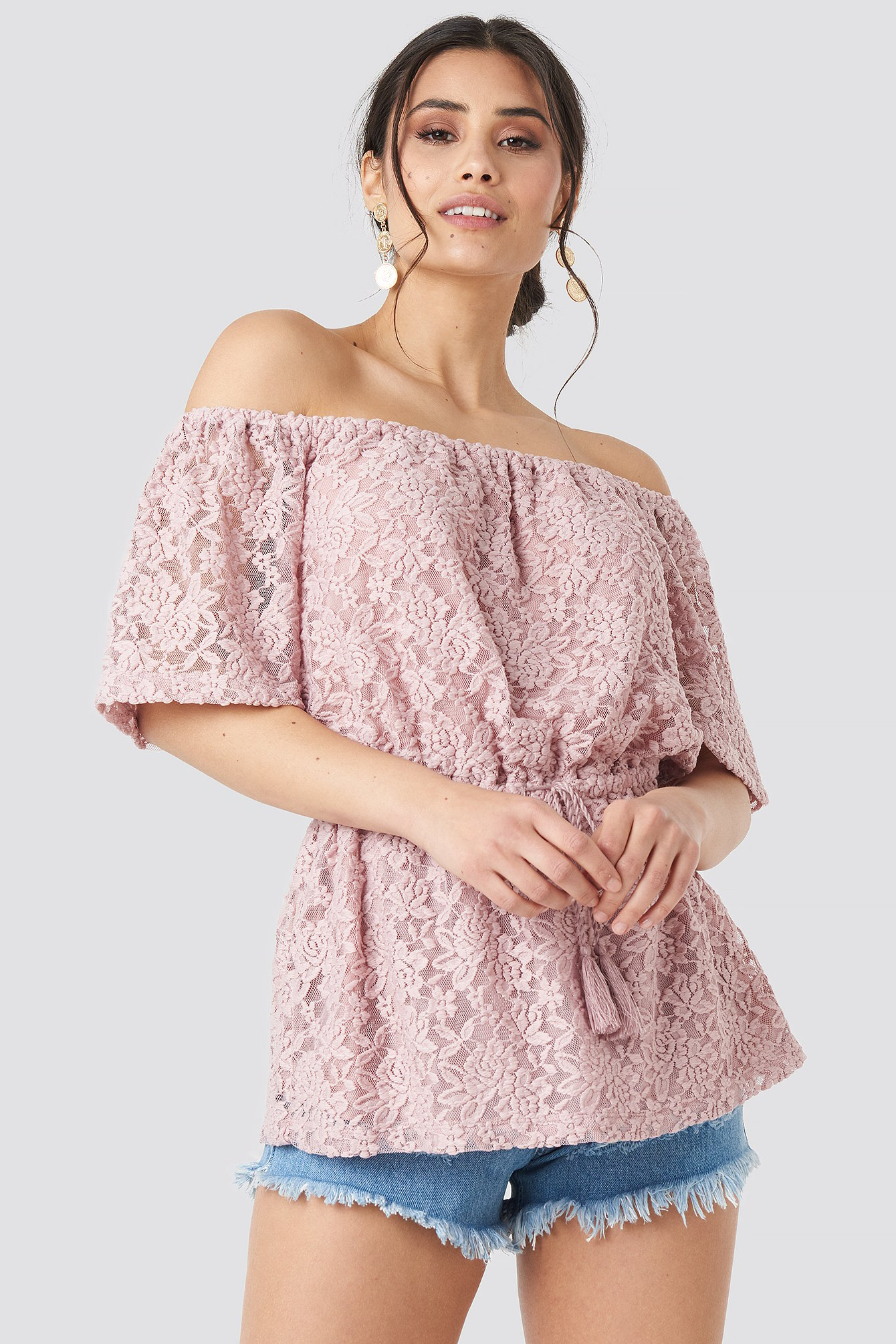 Dusty Light Pink Off Shoulder Lace Top