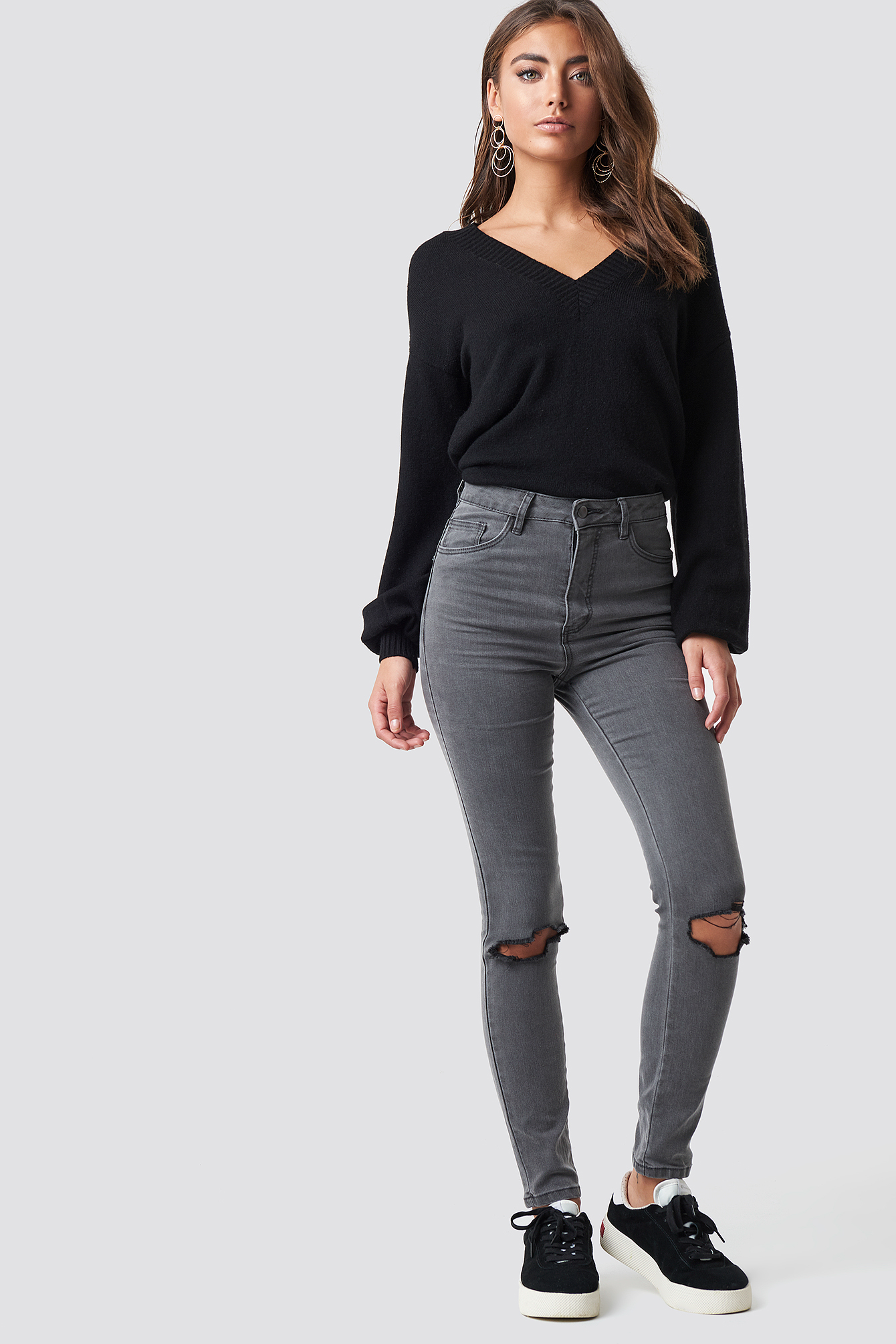 Ripped Knee Jeans Dark Grey