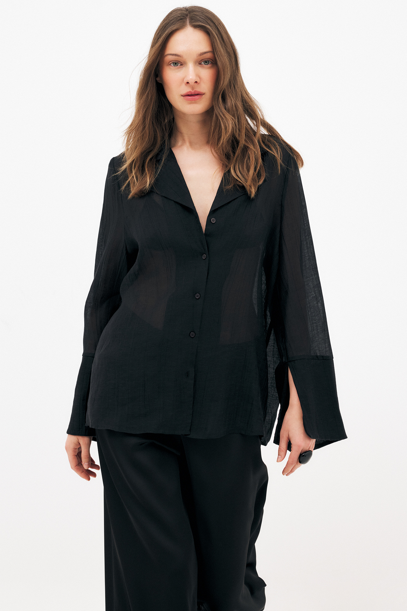 knosis ワークシャツ ブラックL BLACK BLARE FEST ブレア Lyocell Blend Crinkle Shirt Black | NA-KD