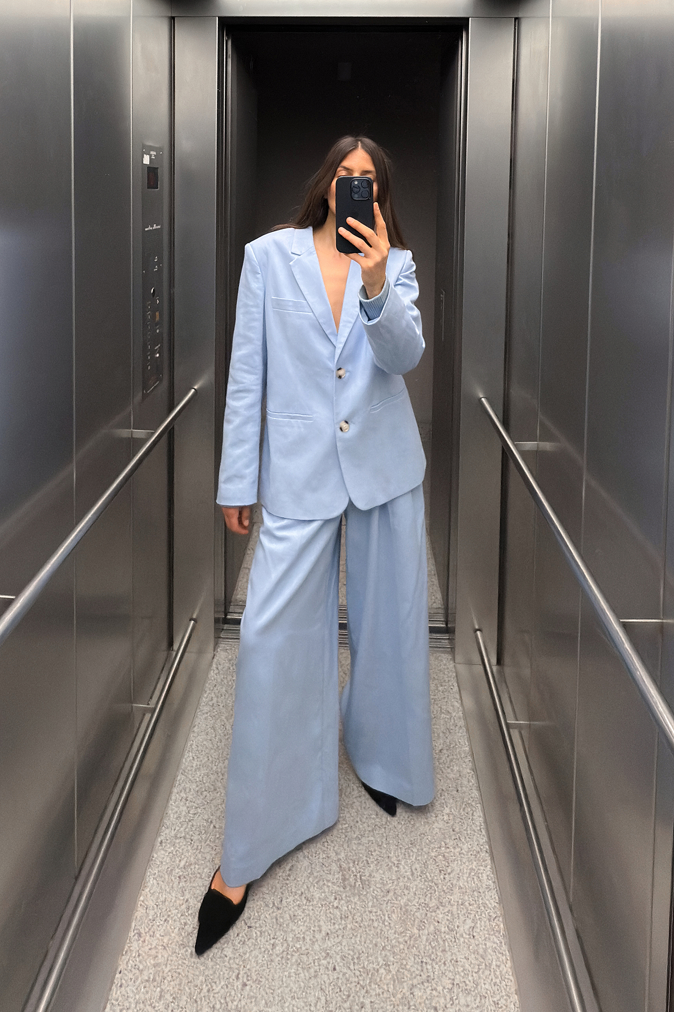 Linen blend wide mid waist pants blue — byxor med fickor från NA-KD