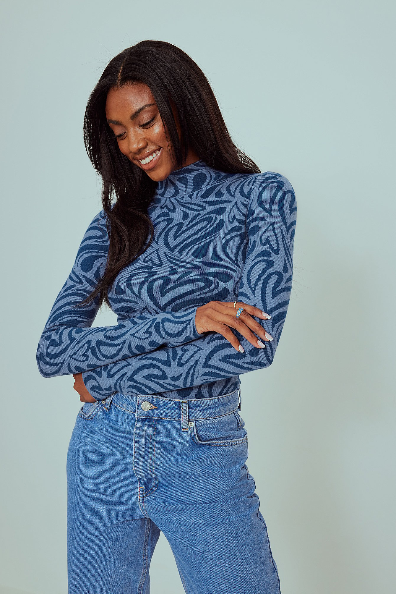 Blue Print Knitted Polo Neck Top