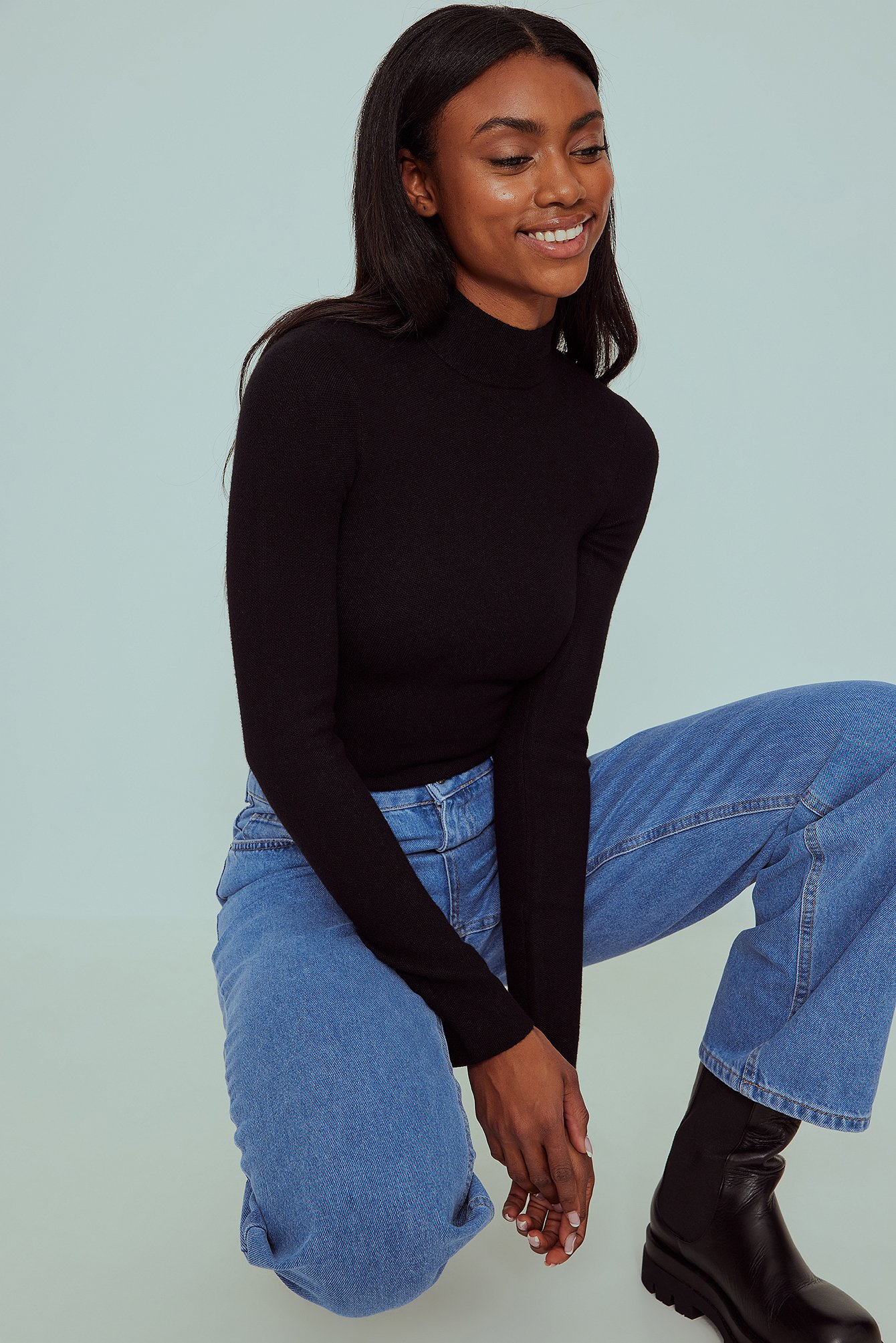 Black Knitted Polo Neck Top