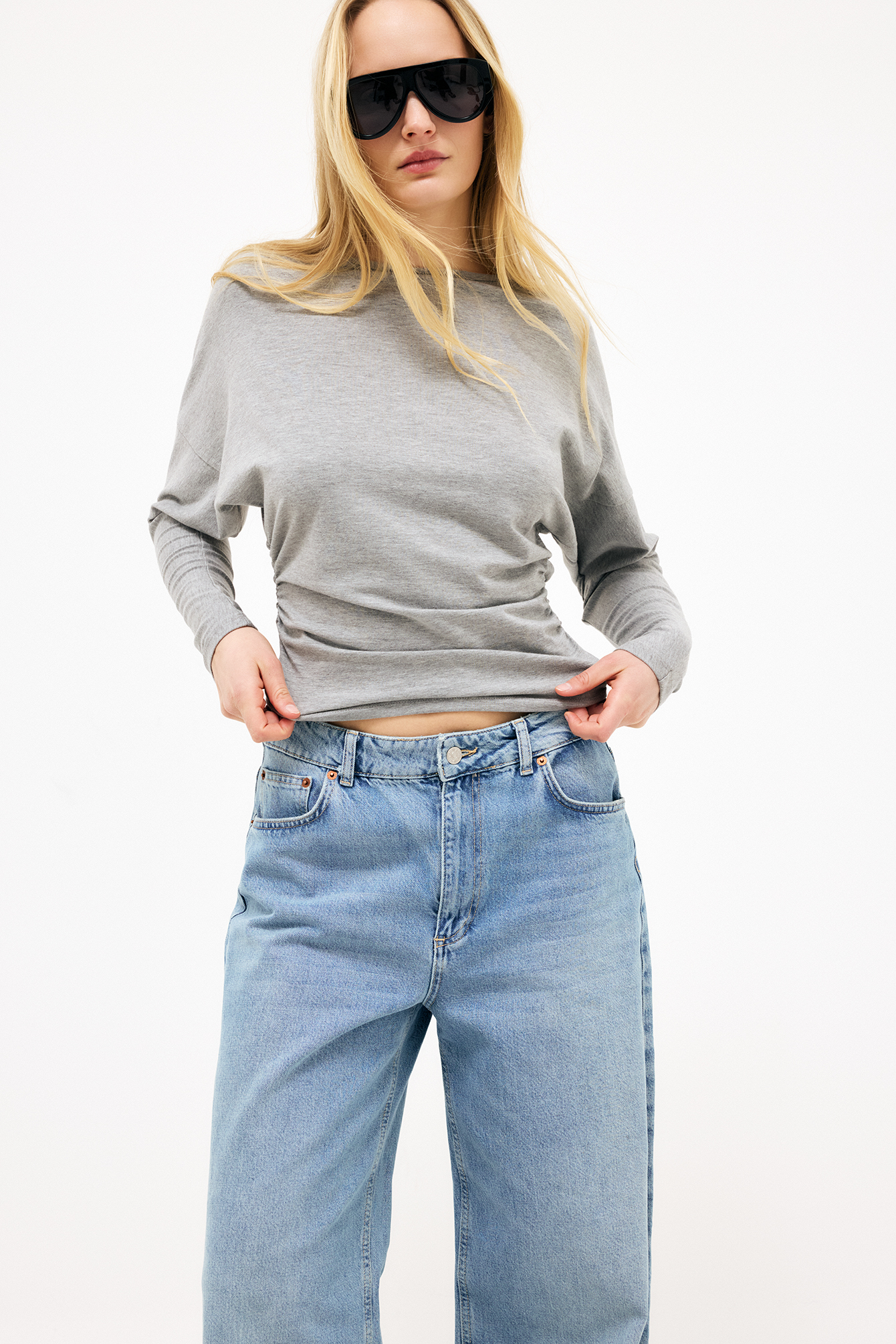 Marked Waist Long Sleeve Jersey Top - Long Sleeve Tops - Grey - S - NA-KD / NAKD