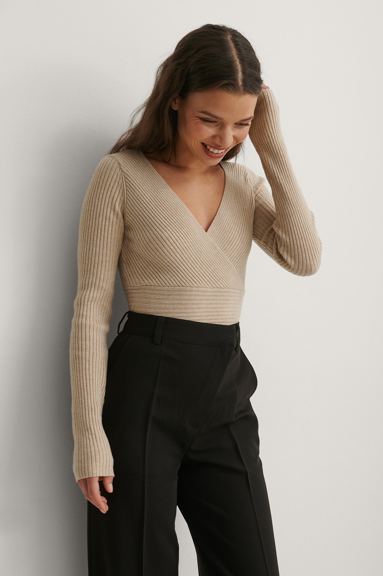 Beige Recycled Overlap Knitted Sweater