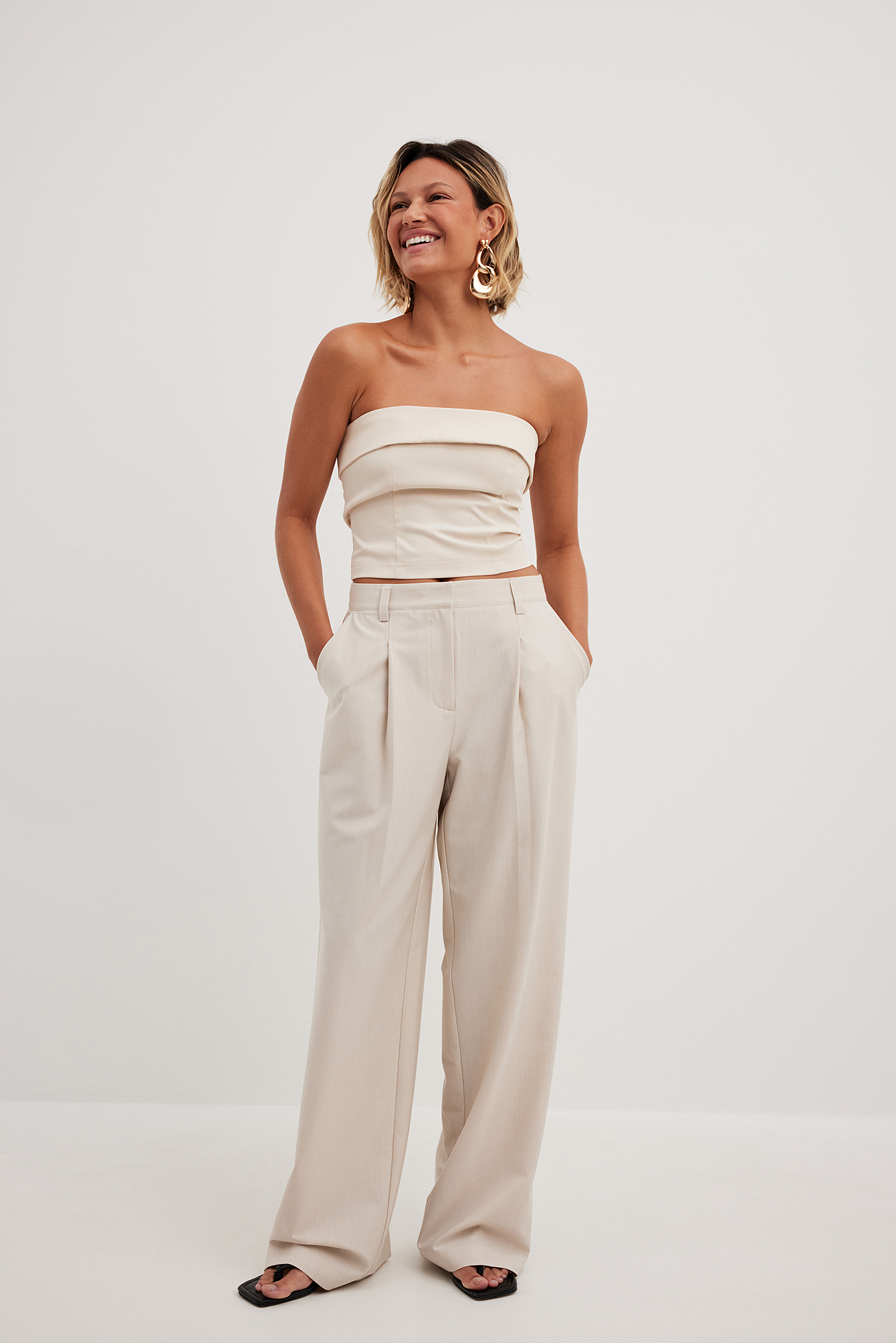 Melange High Rise Pleated Suit Pants Offwhite | NA-KD