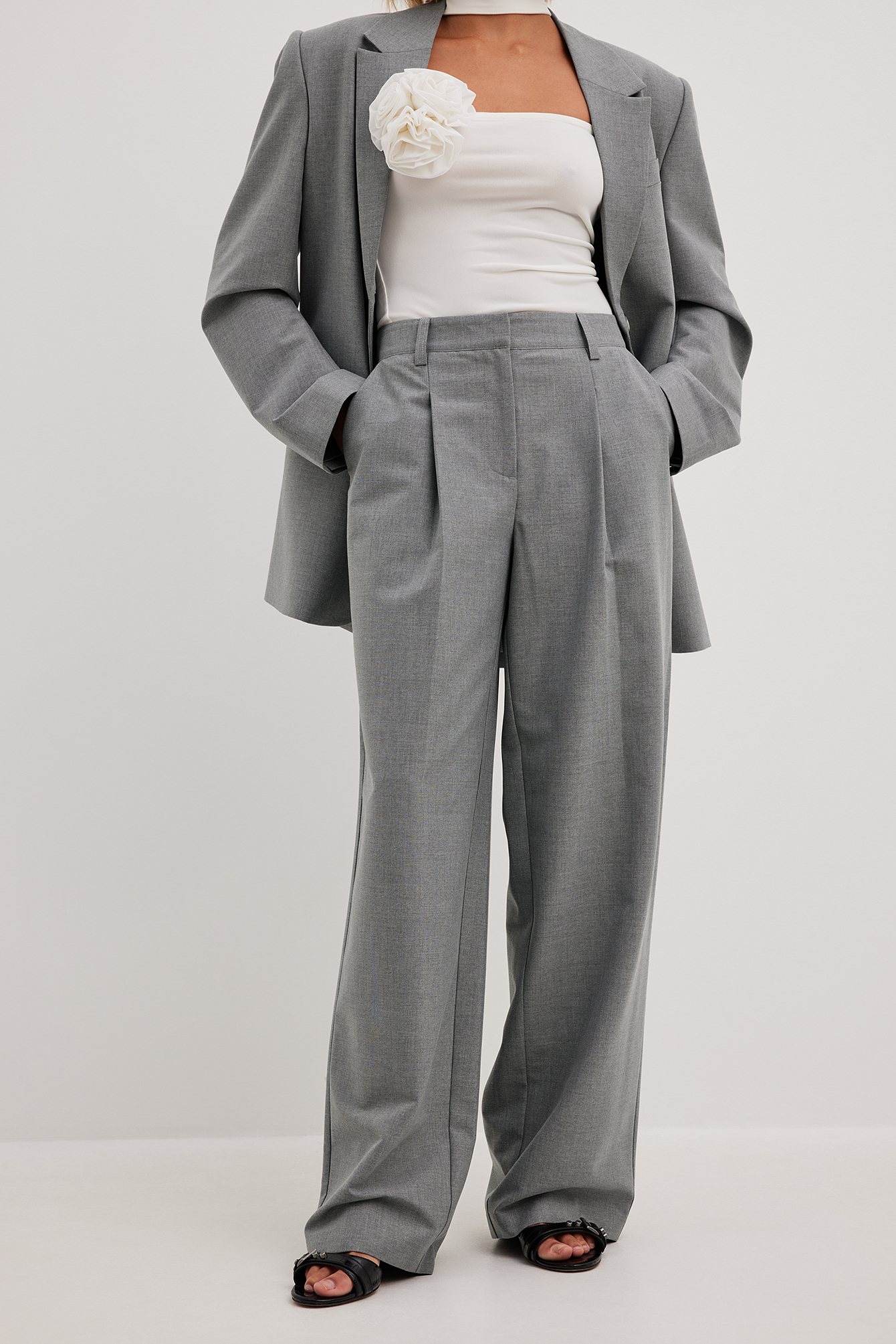 Melange High Rise Pleated Suit Pants Grau NAKD