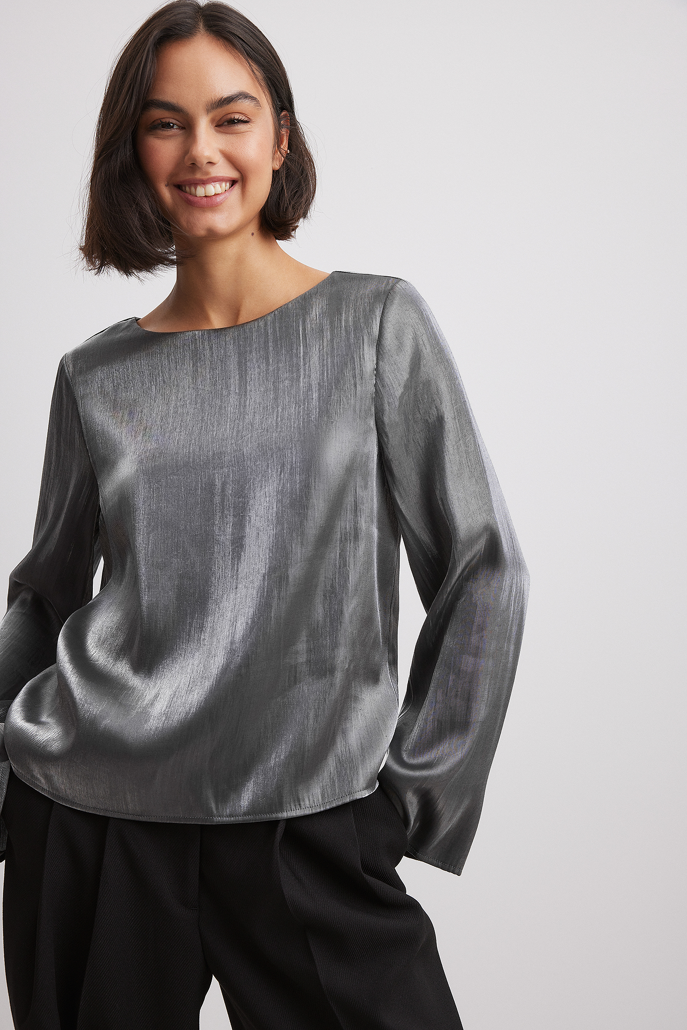 NA-KD Metallic Sheer LS Top - Party Tops - Grey,Silver - EU 32 - NA-KD / NAKD