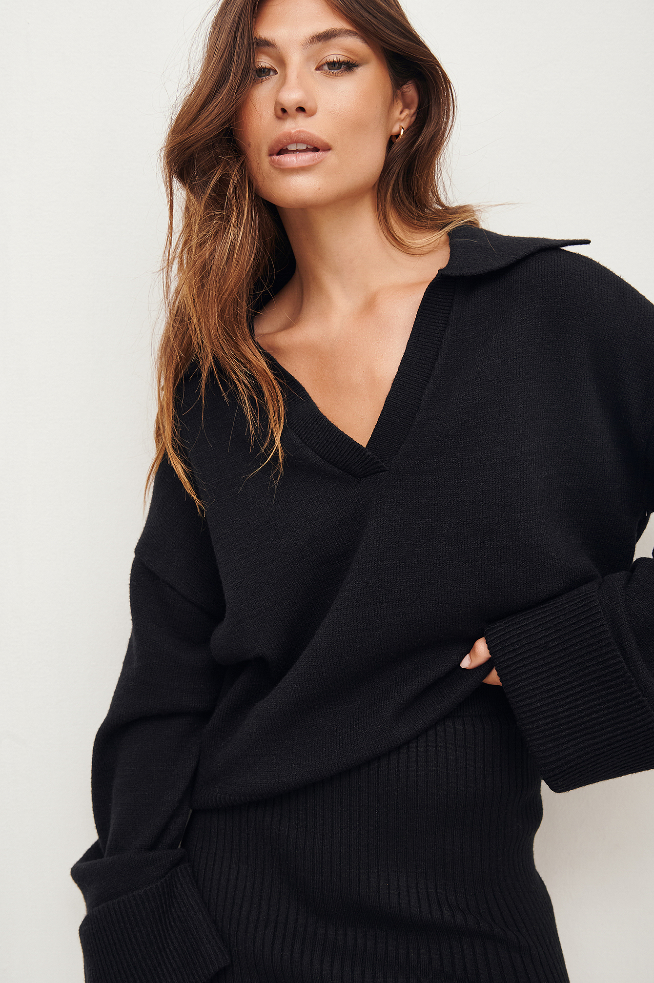 Oversized Collar Detail Knitted Sweater Black