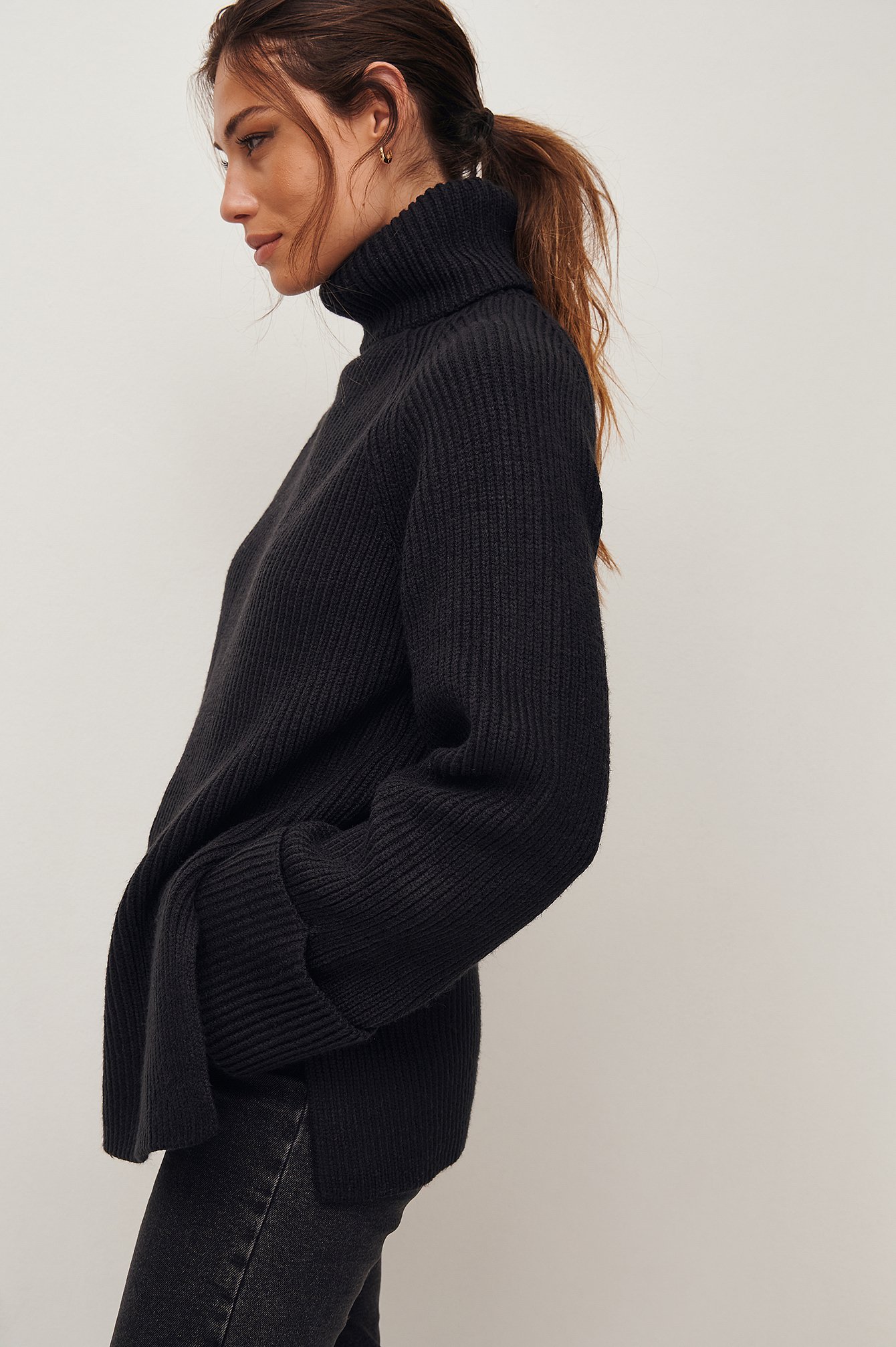 Black Ribbed Knitted High Neck Sweater