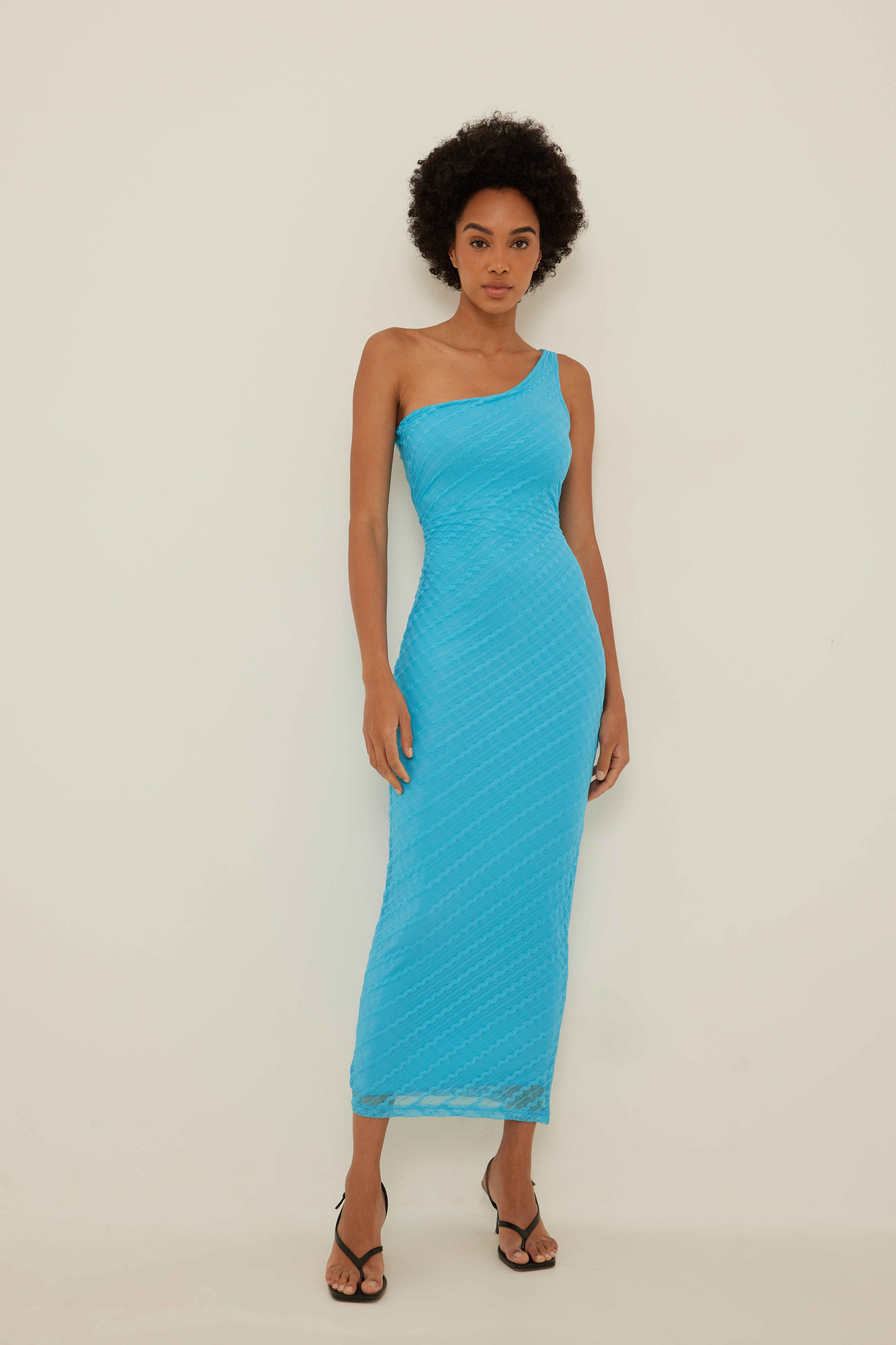 One Shoulder Lace Midi Dress Blue | na 