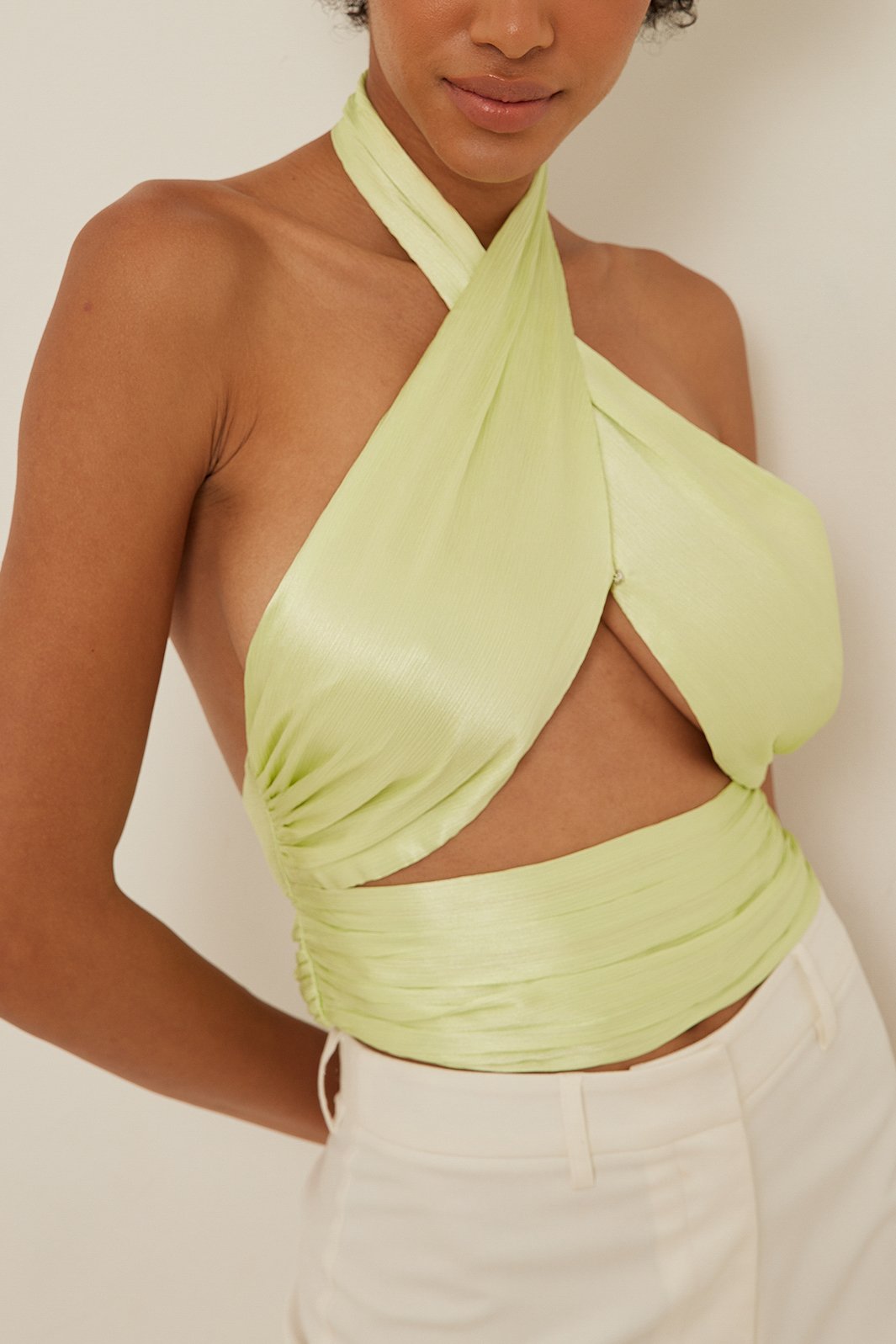 Green Pleated Tie Back Satin Top