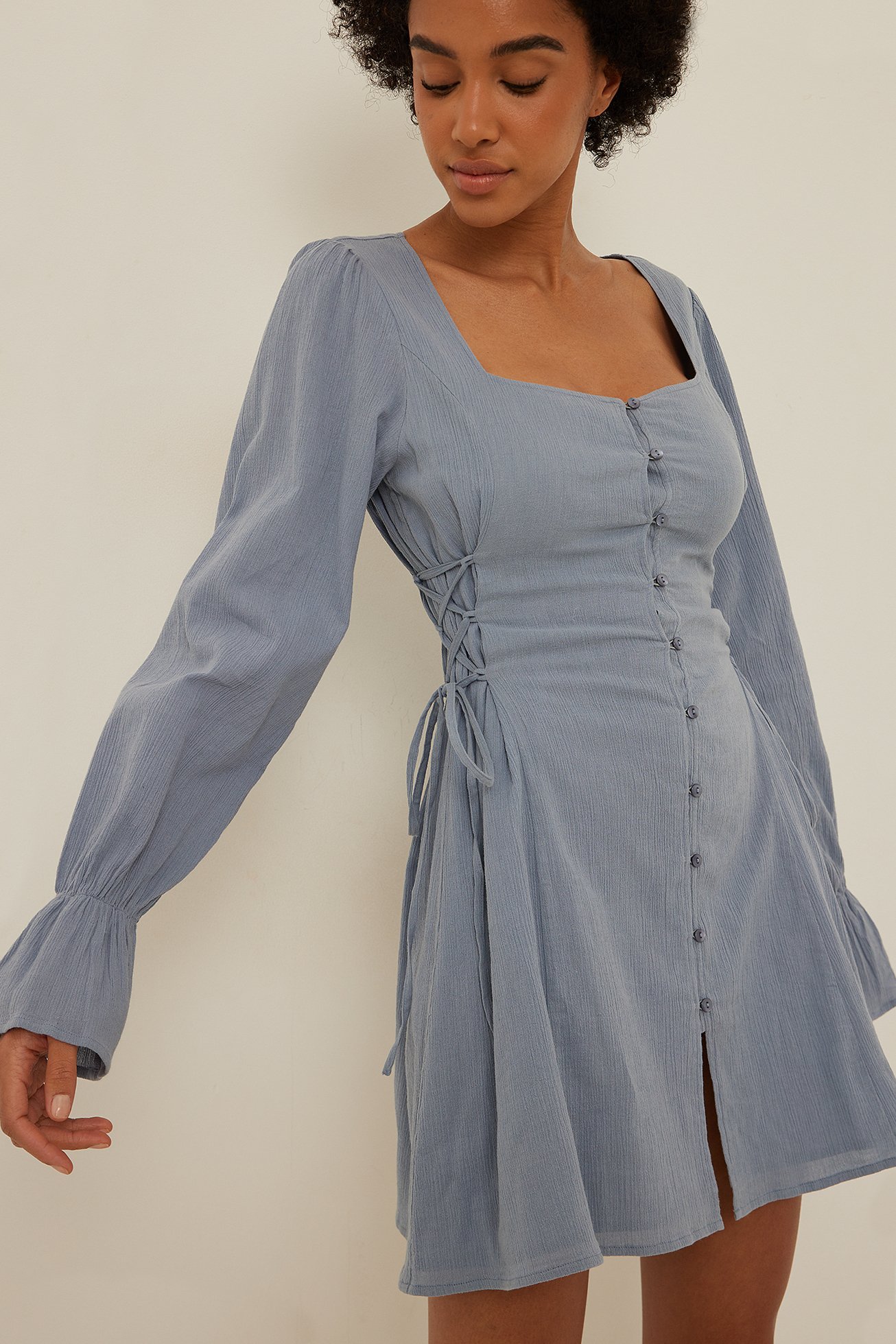 Dusty Blue Sides Lacing Detail Soft Cotton Dress