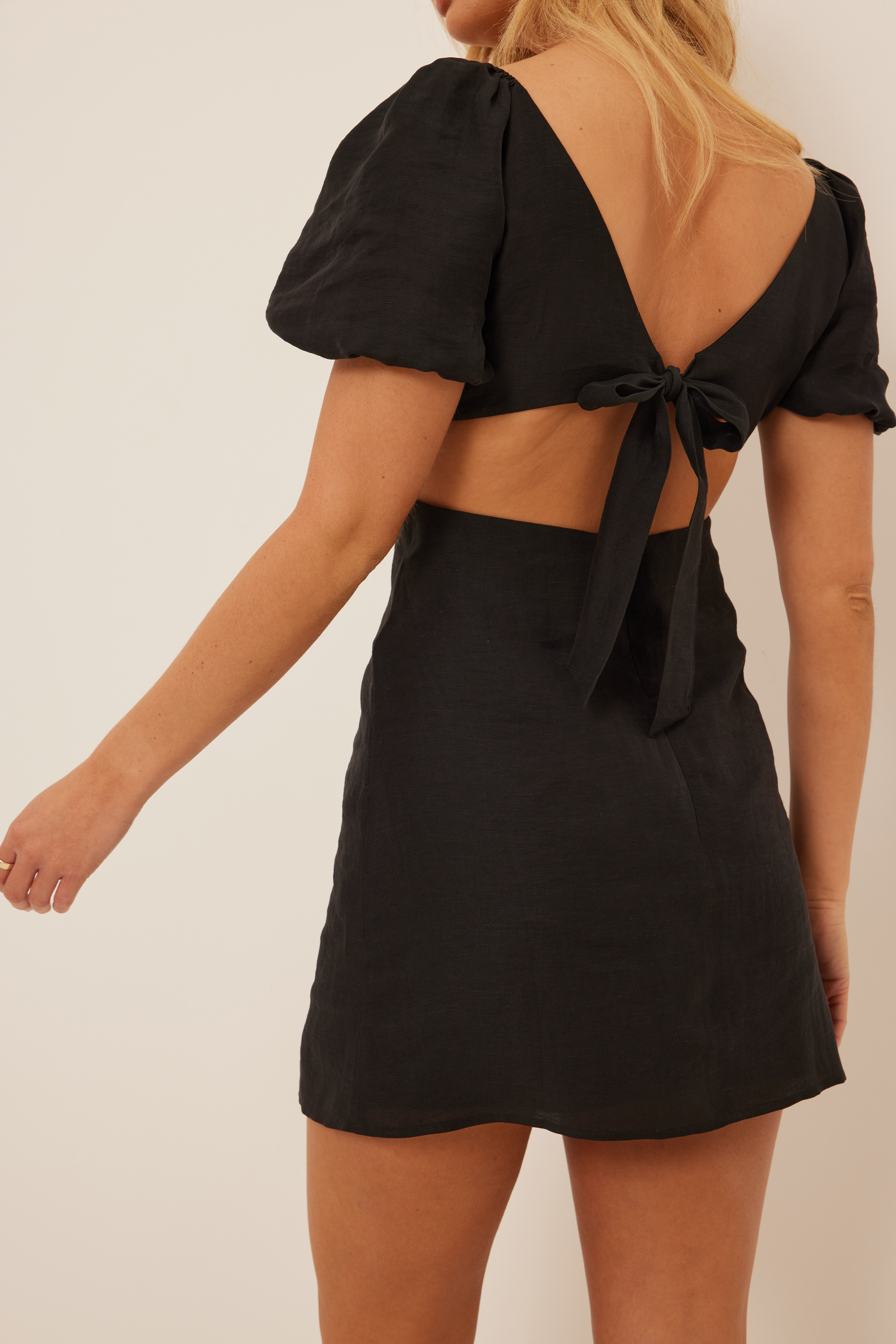 NA-KD Boho Tie Back Linen Mini Dress - Black