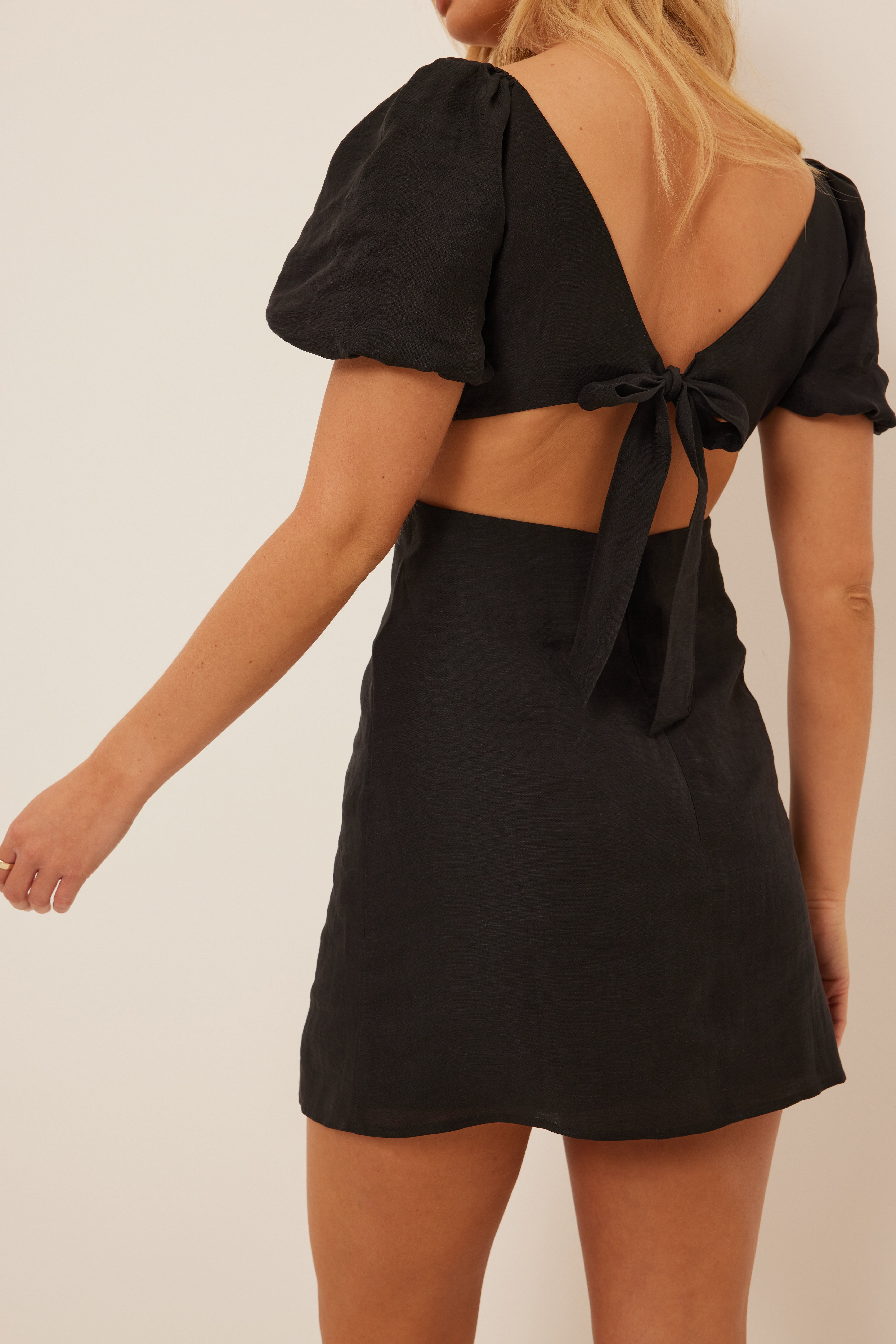 Black Tie Back Linen Mini Dress