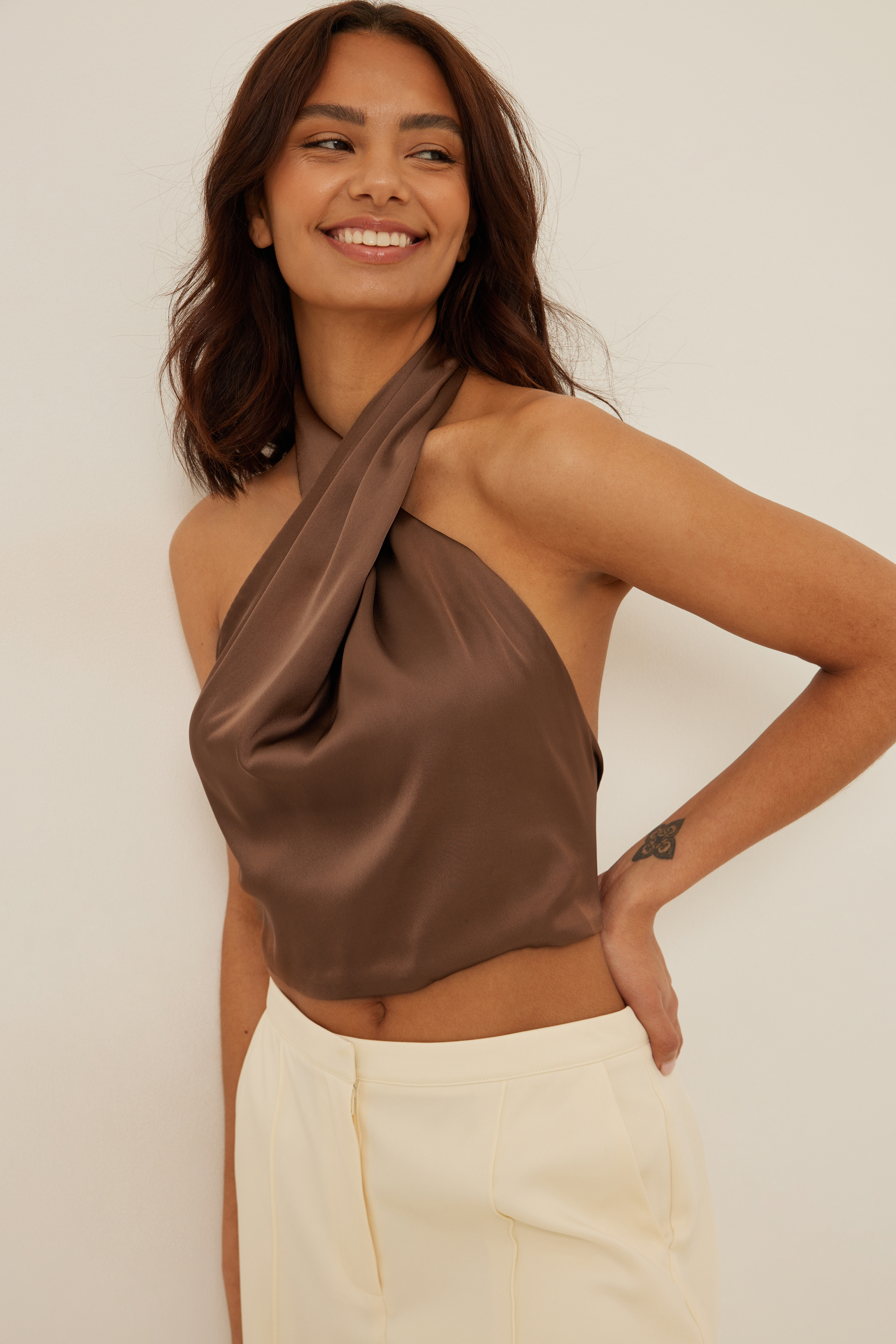 Recycled Twist Front Satin Top Brown 