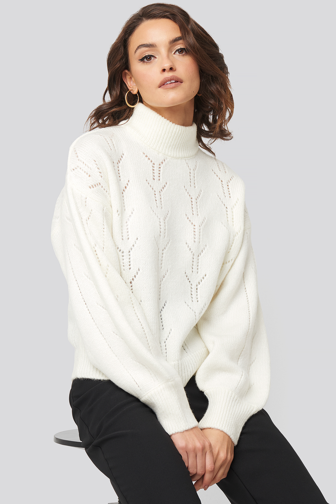High Neck Balloon Sleeve Knitted Sweater White