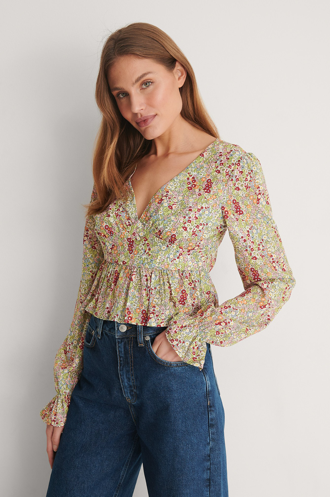 Petit Pink Flower Recycled V-neck Long Sleeve Blouse