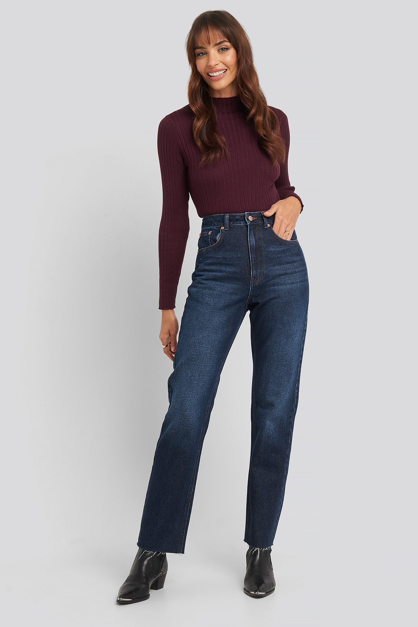 High Waist Raw Hem Straight Jeans Dark Blue