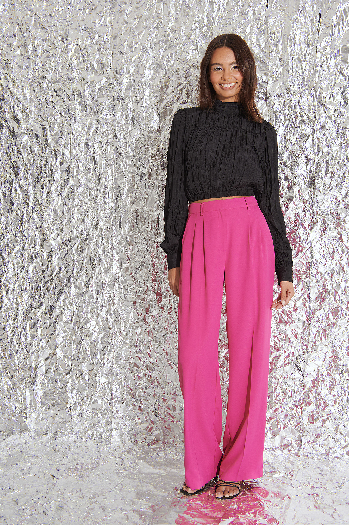 Gathered High Neck LS Blouse Black | na 
