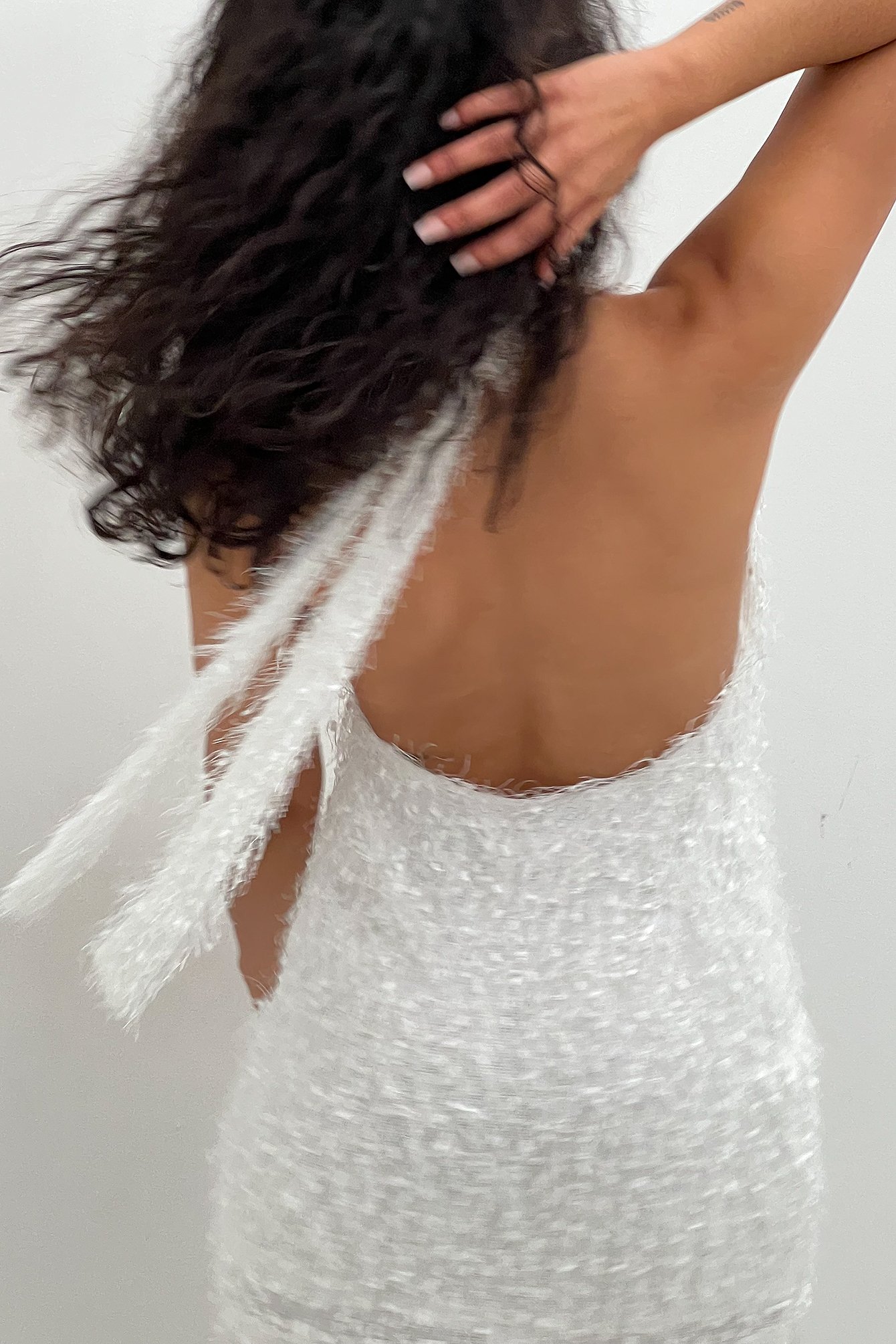 White Halterneck Feather Mini Dress